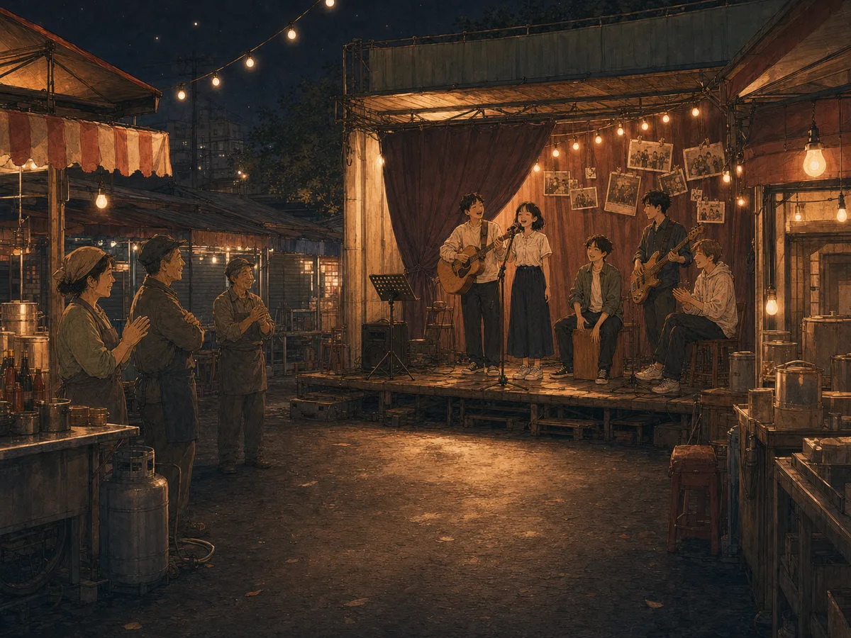 A night-market stage crew performs a final encore for vendors after the audience has left.