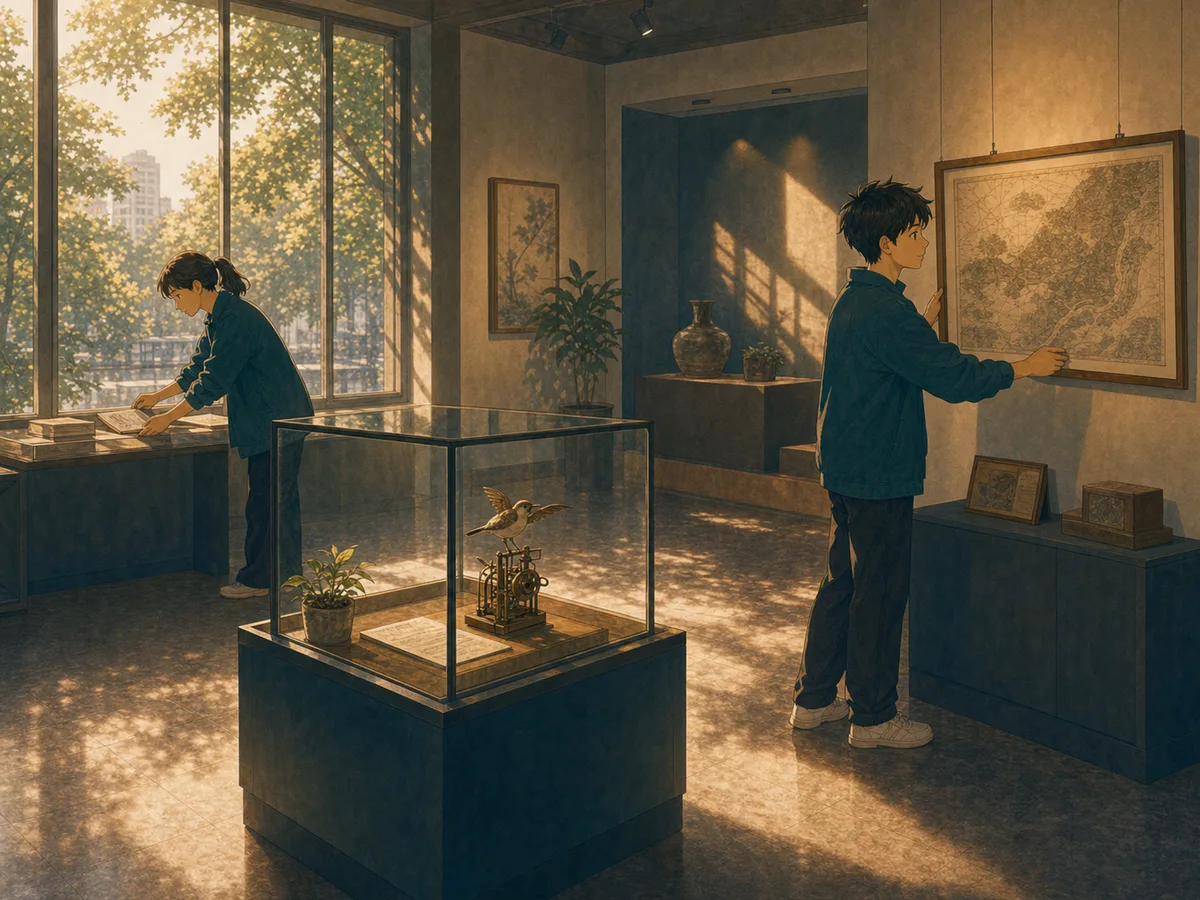 Museum interns set up a quiet dawn exhibit with an old map and display case.