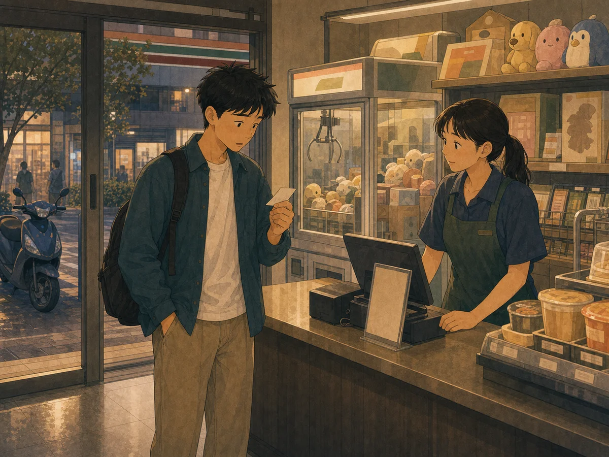 Illustration for The Expired Prize showing a Taiwan shop counter and a mildly disappointing prize moment.