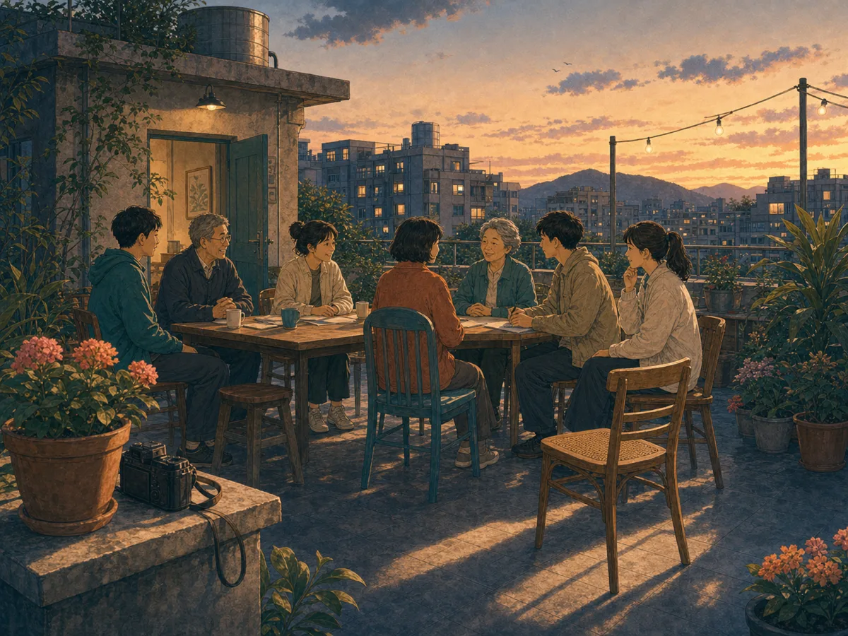 Rooftop neighbors leave one new chair for the person who usually takes the group photo.