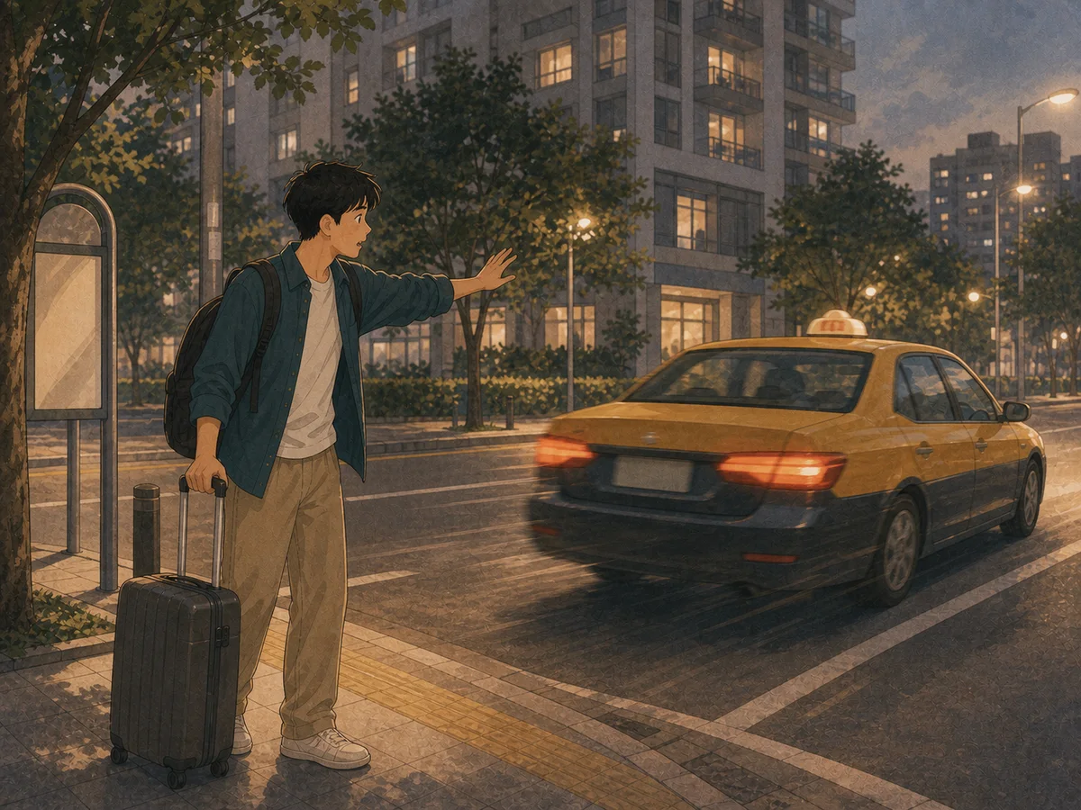Illustration for The Fast Taxi showing a traveler near a city taxi in Mainland China.