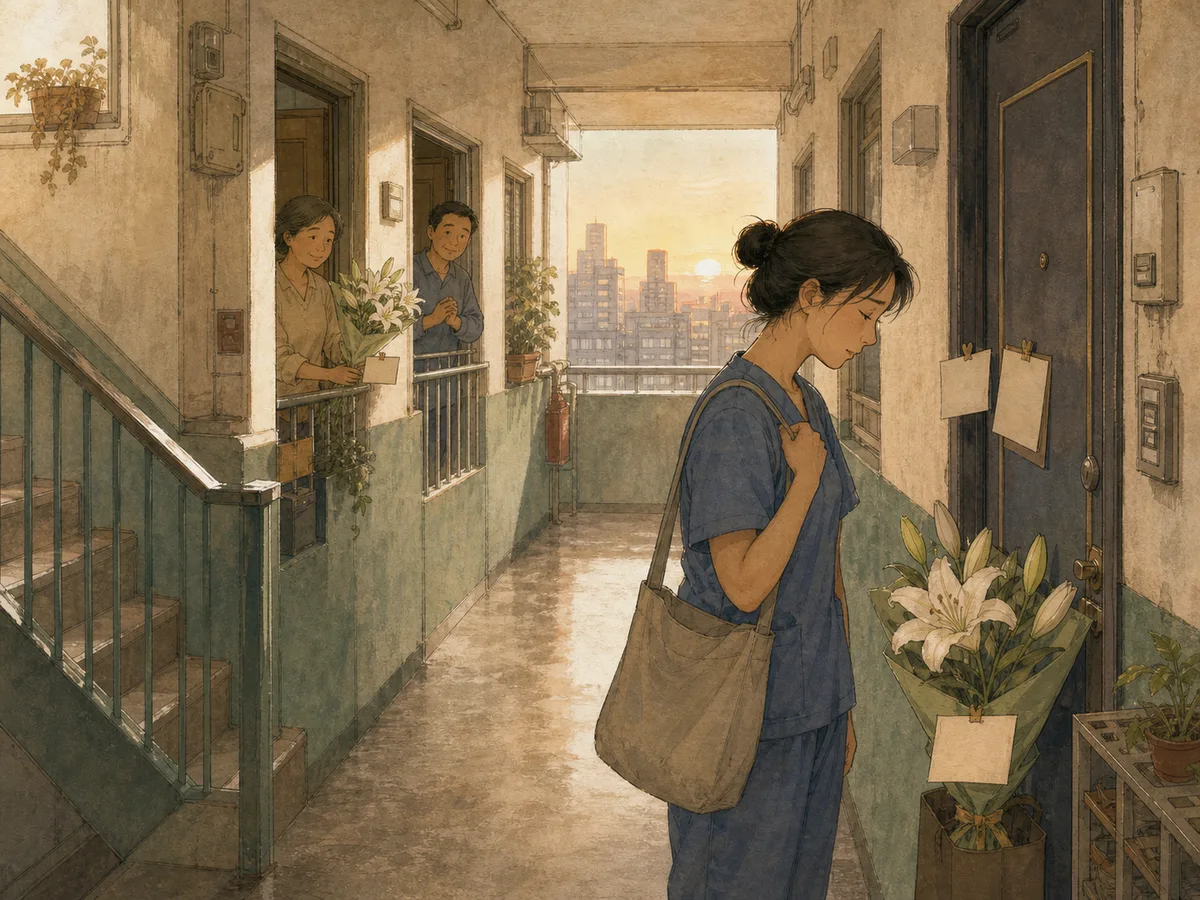 A tired nurse finds lilies and neighbor notes outside an apartment door at dawn.