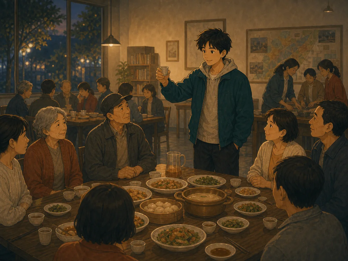 A careful volunteer raises a cup for a simple toast at a community dinner.
