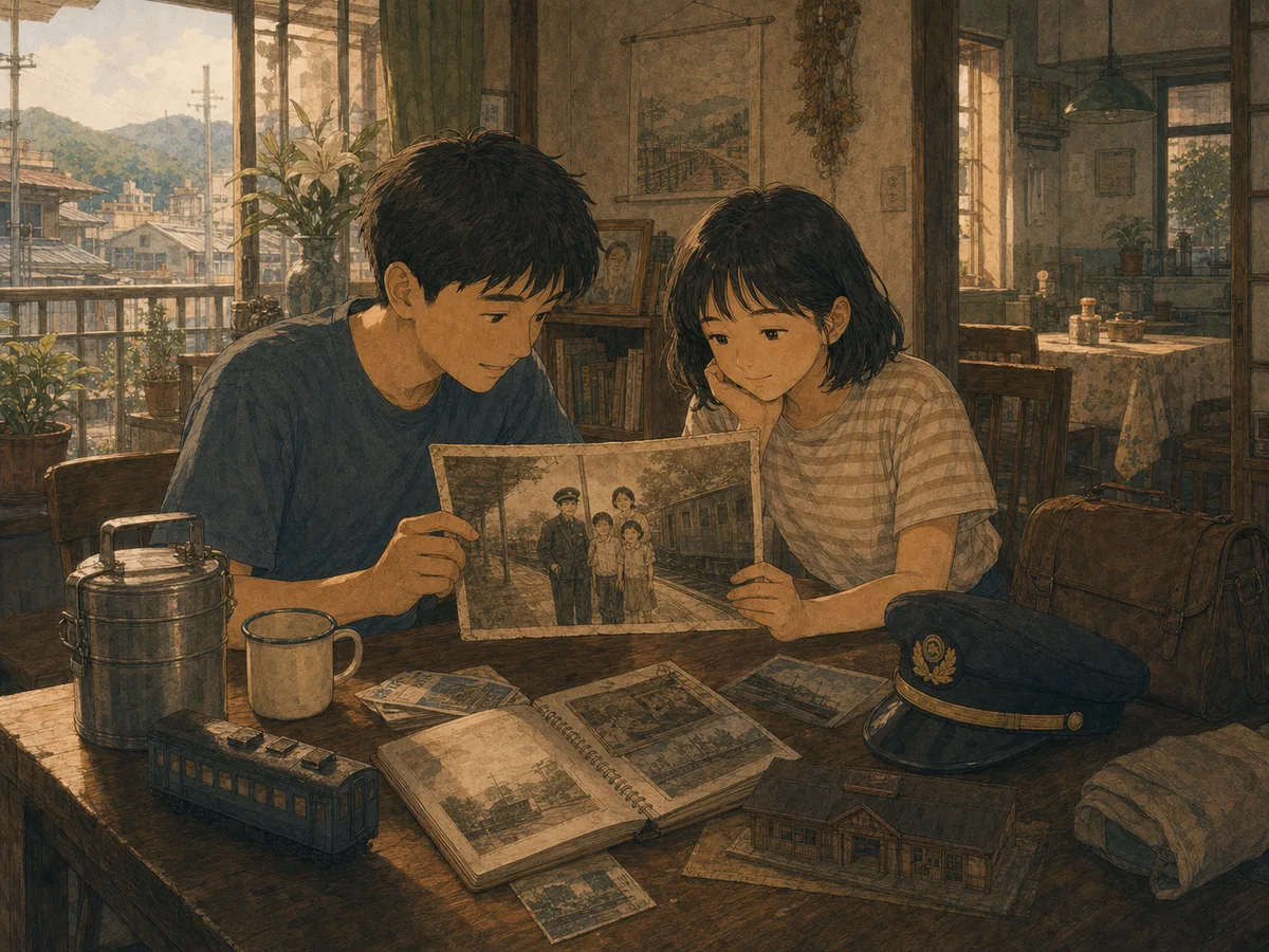 Two siblings examine an old family photo beside train-station memory objects at home.