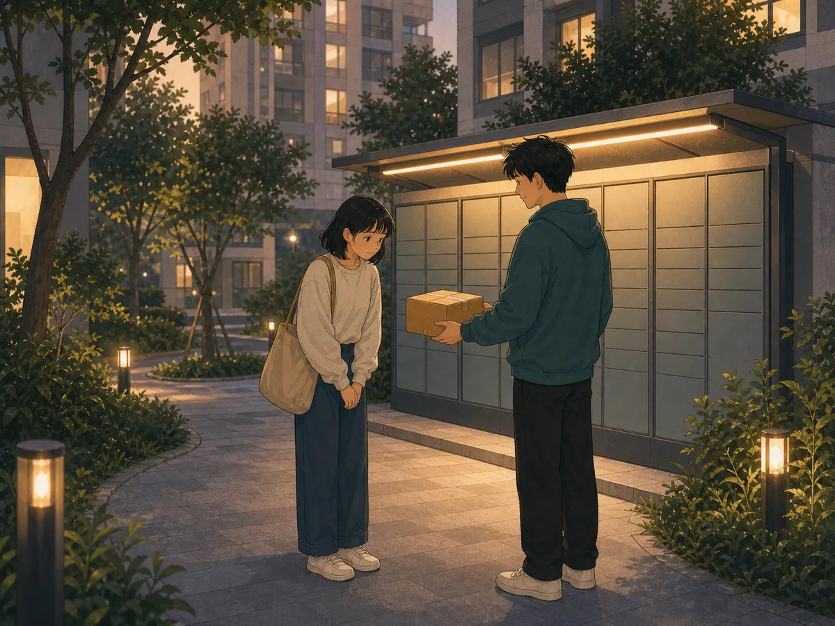 Illustration for The Group Chat Apology showing neighbors resolving a parcel locker mix-up.