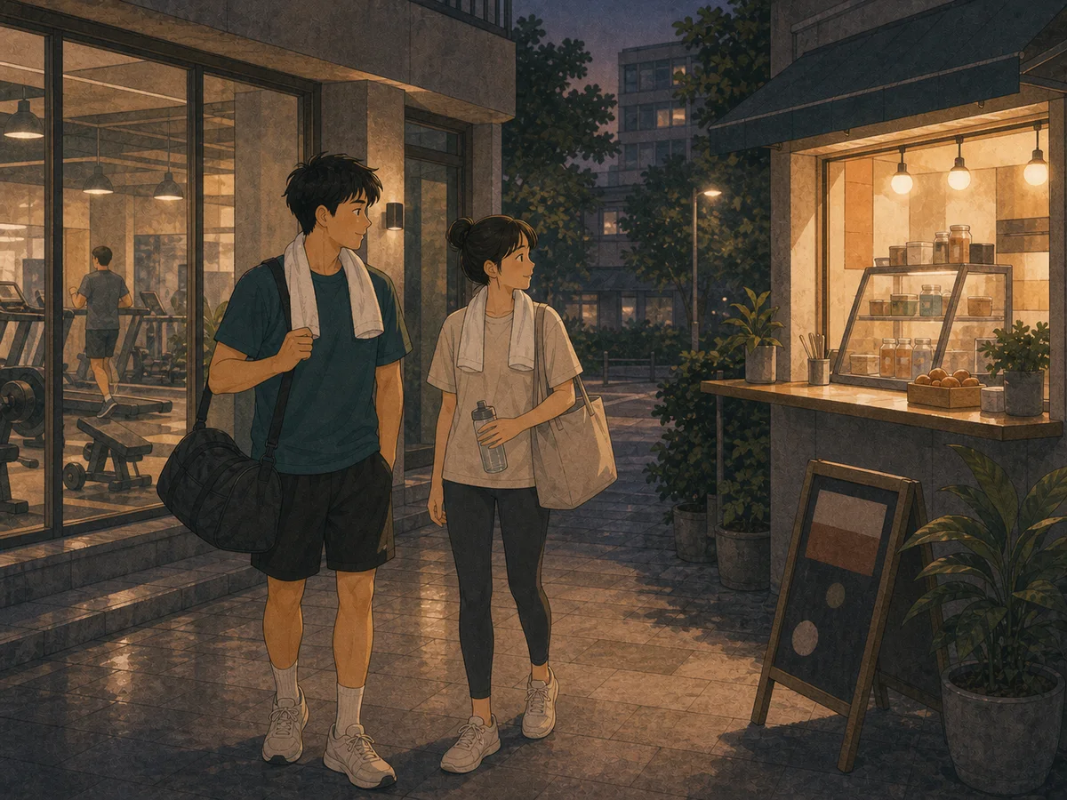 Illustration for The Gym Reward showing a post-gym snack decision in a Mainland neighborhood.