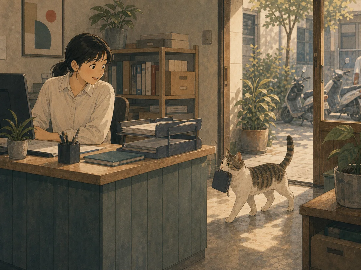 Illustration for The Helpful Cat showing a cat helping in a small Taiwan office or shop.