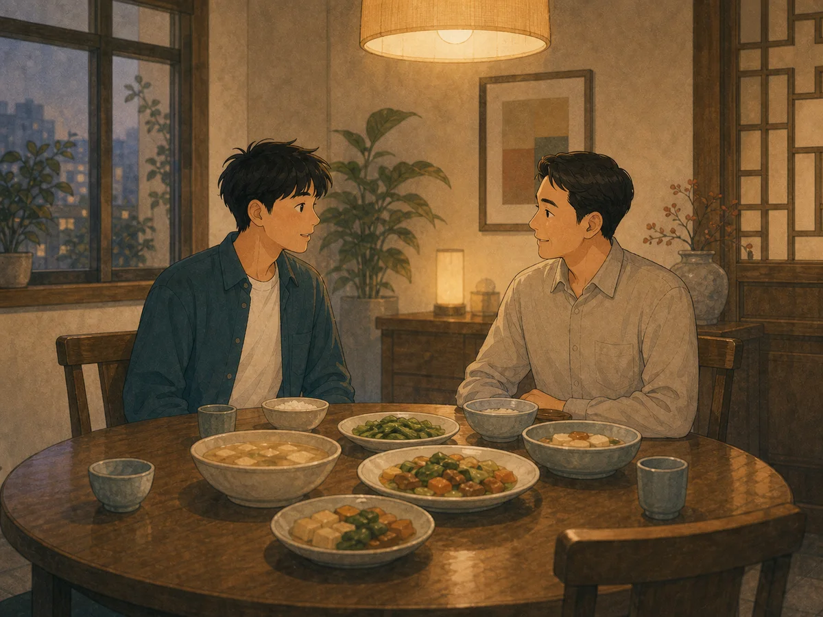 Illustration for The Honest Guest showing a polite dinner conversation.