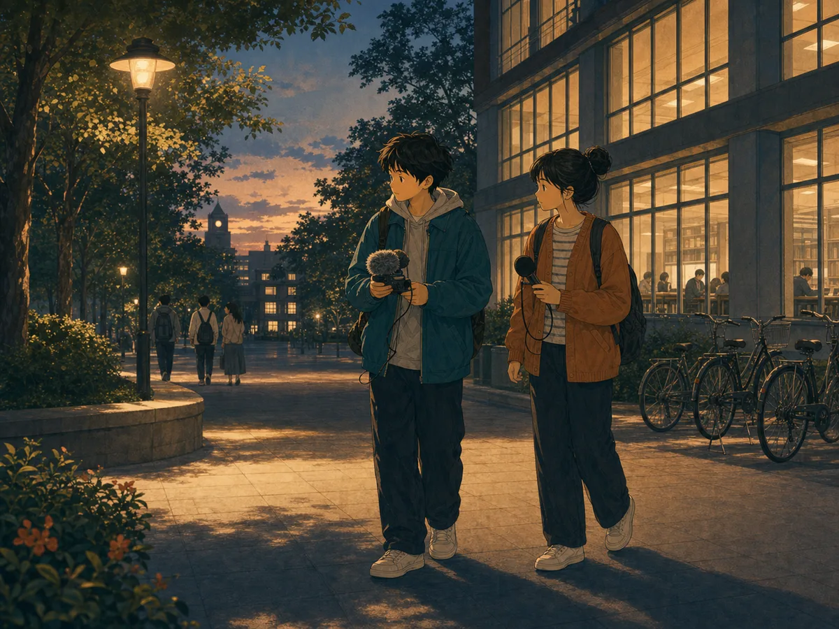 Two campus radio students carry a recorder across a quiet evening campus.