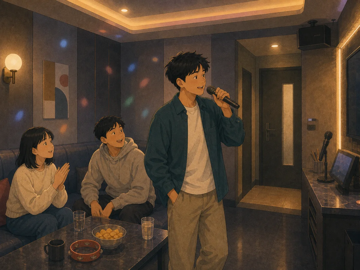 Illustration for The KTV King showing friends in a Taiwan karaoke room.