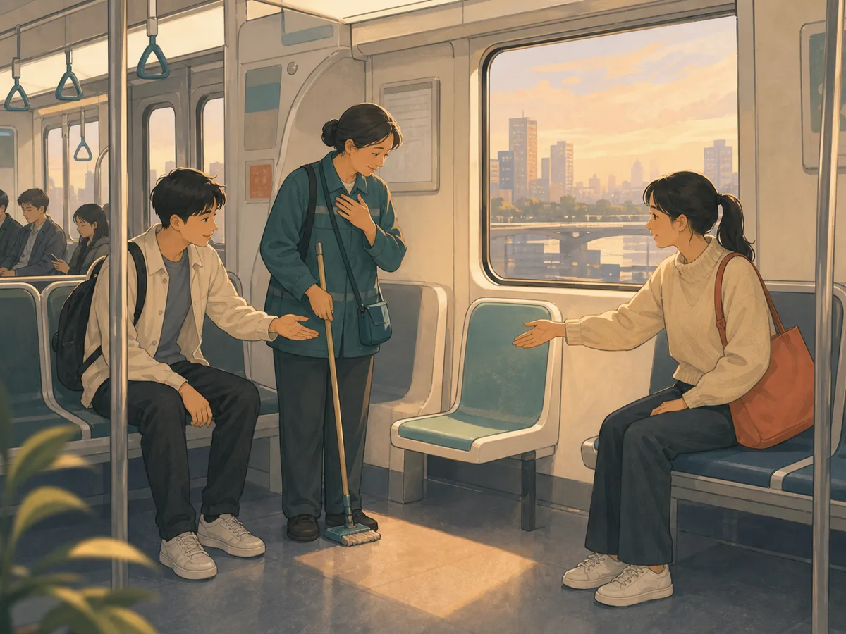 Passengers make room for one another around the last open seat on a city bus.
