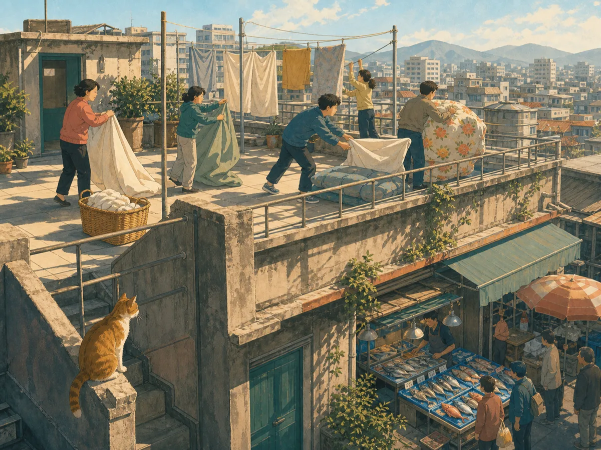 Neighbors gather rooftop laundry while an orange cat watches the market below.