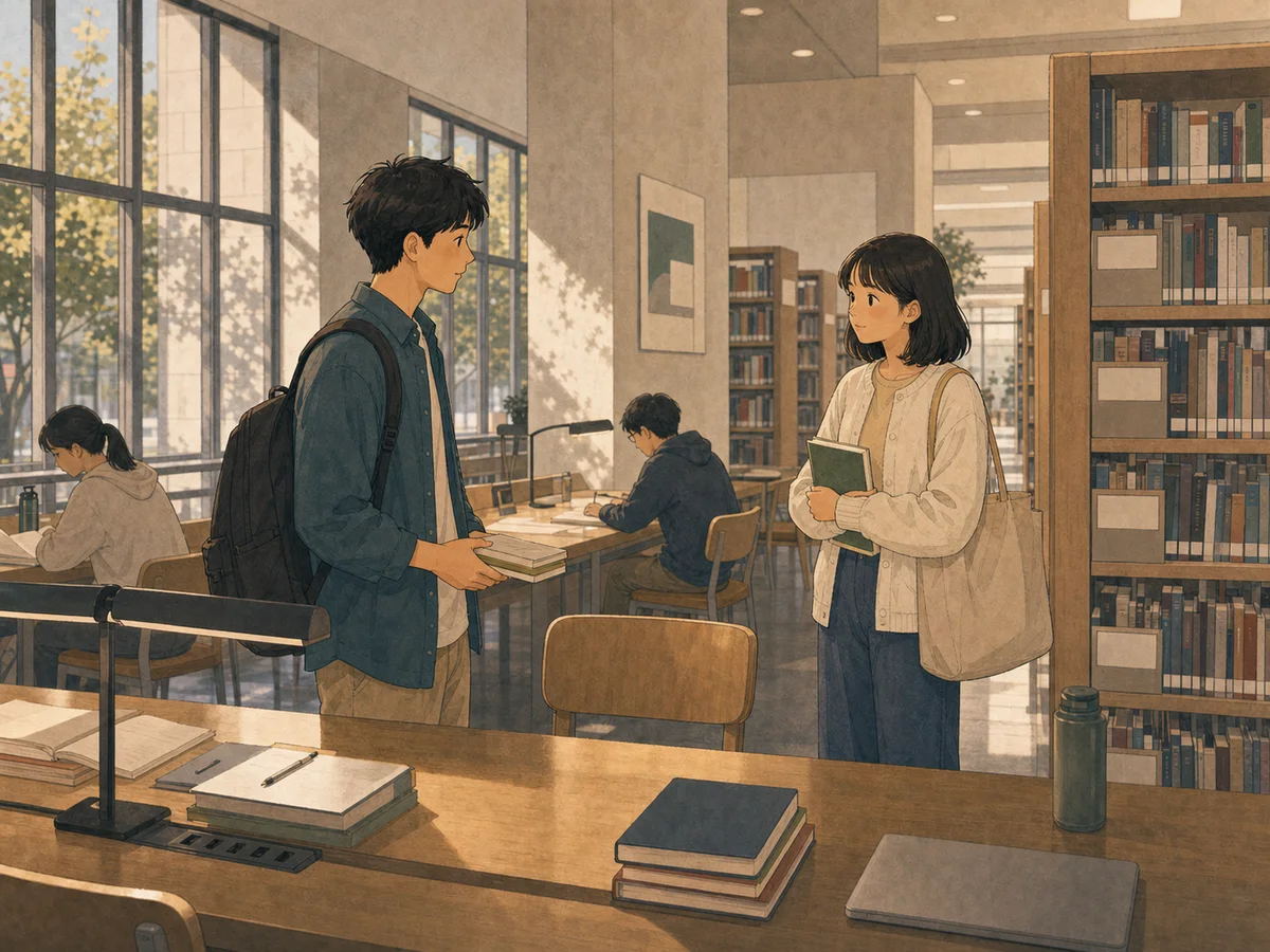 Illustration for The Library Seat showing an awkward campus library seat moment.