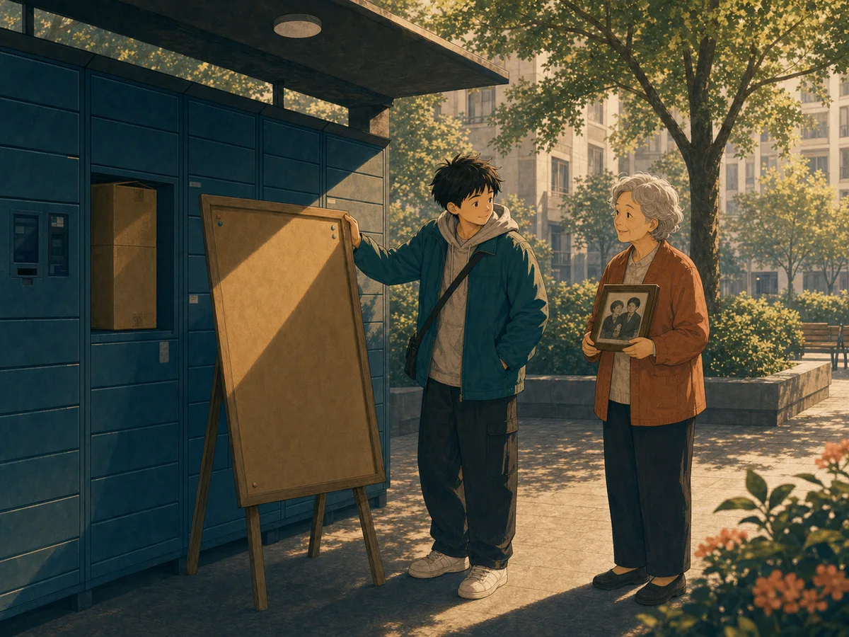 A neighborhood detective stands beside delivery lockers with a clue board while an elderly neighbor holds an old photo.