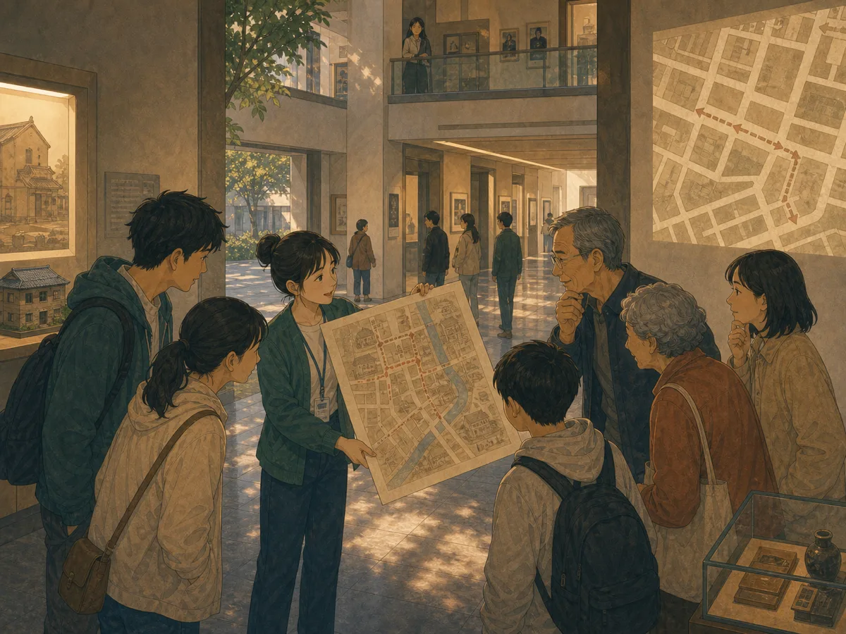 A museum intern rotates an old map as visitors notice the hallways match its layout.