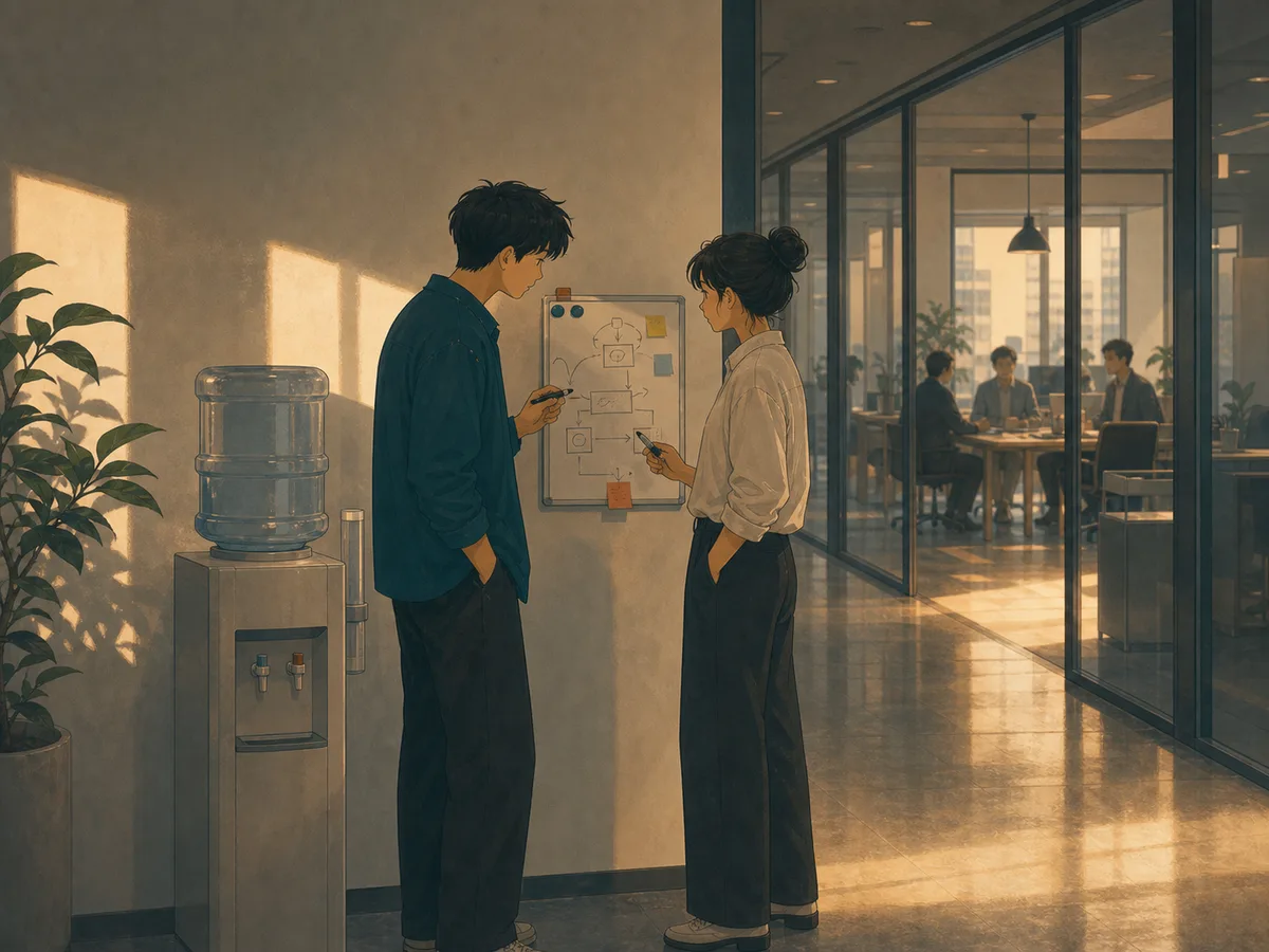 Two office coworkers revise a plan beside a hallway water dispenser after a long meeting.