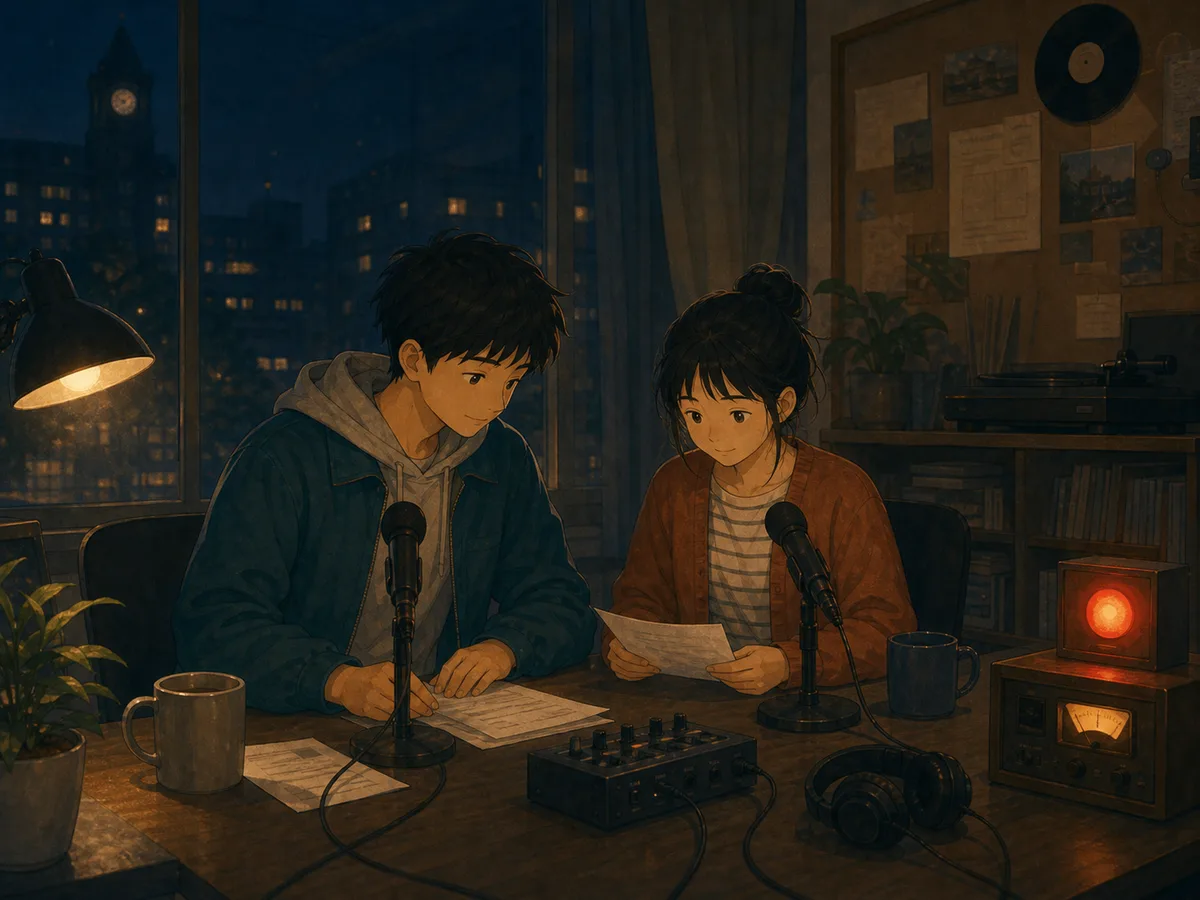Two campus radio hosts prepare final notes in a quiet midnight studio.