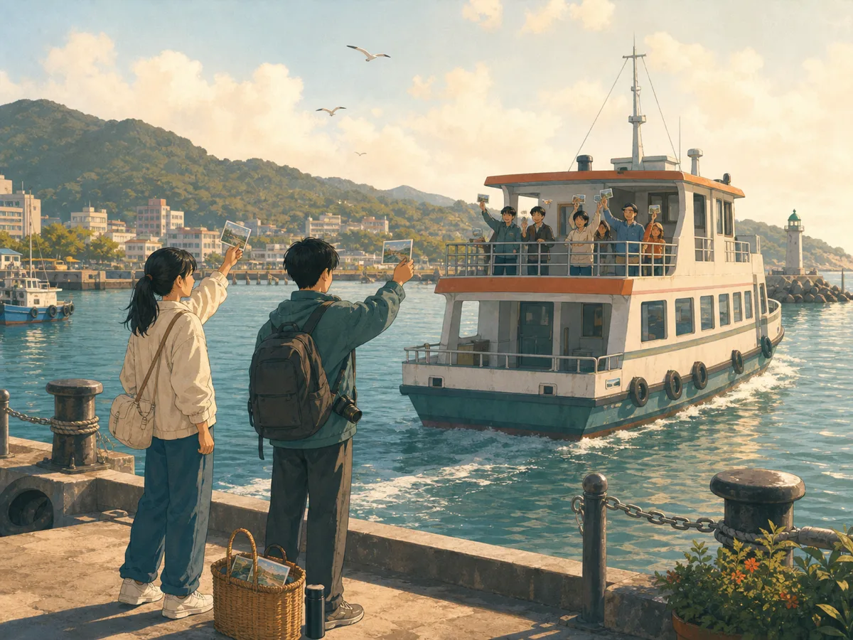 Two friends reach an island pier as ferry passengers hold up postcards in greeting.