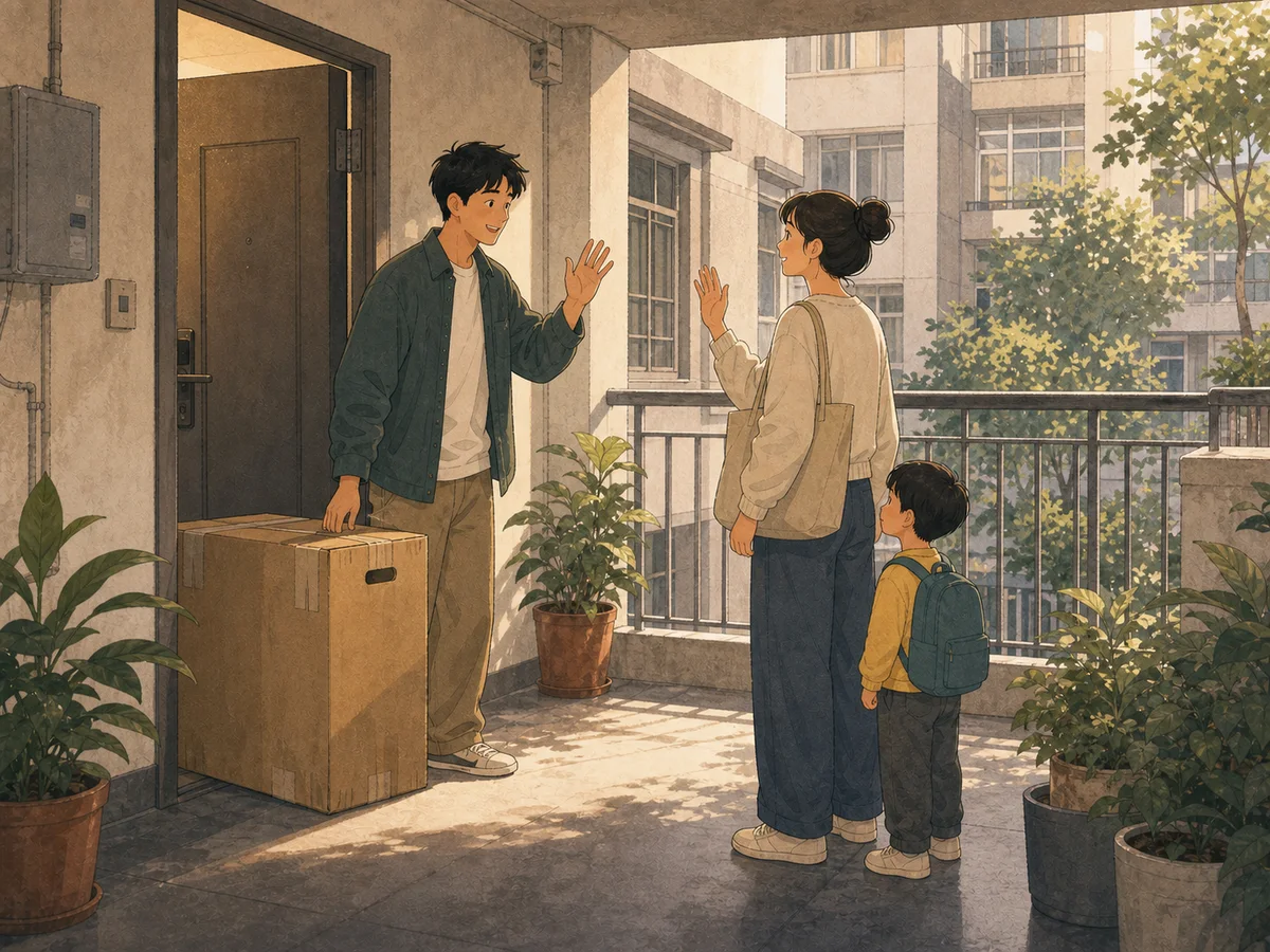 Illustration for The New Neighbor showing neighbors greeting each other near an apartment.
