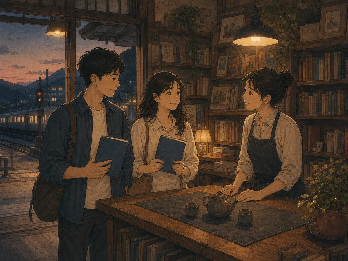 Two strangers hold matching blue notebooks at dusk in a cozy mountain-line bookshop.