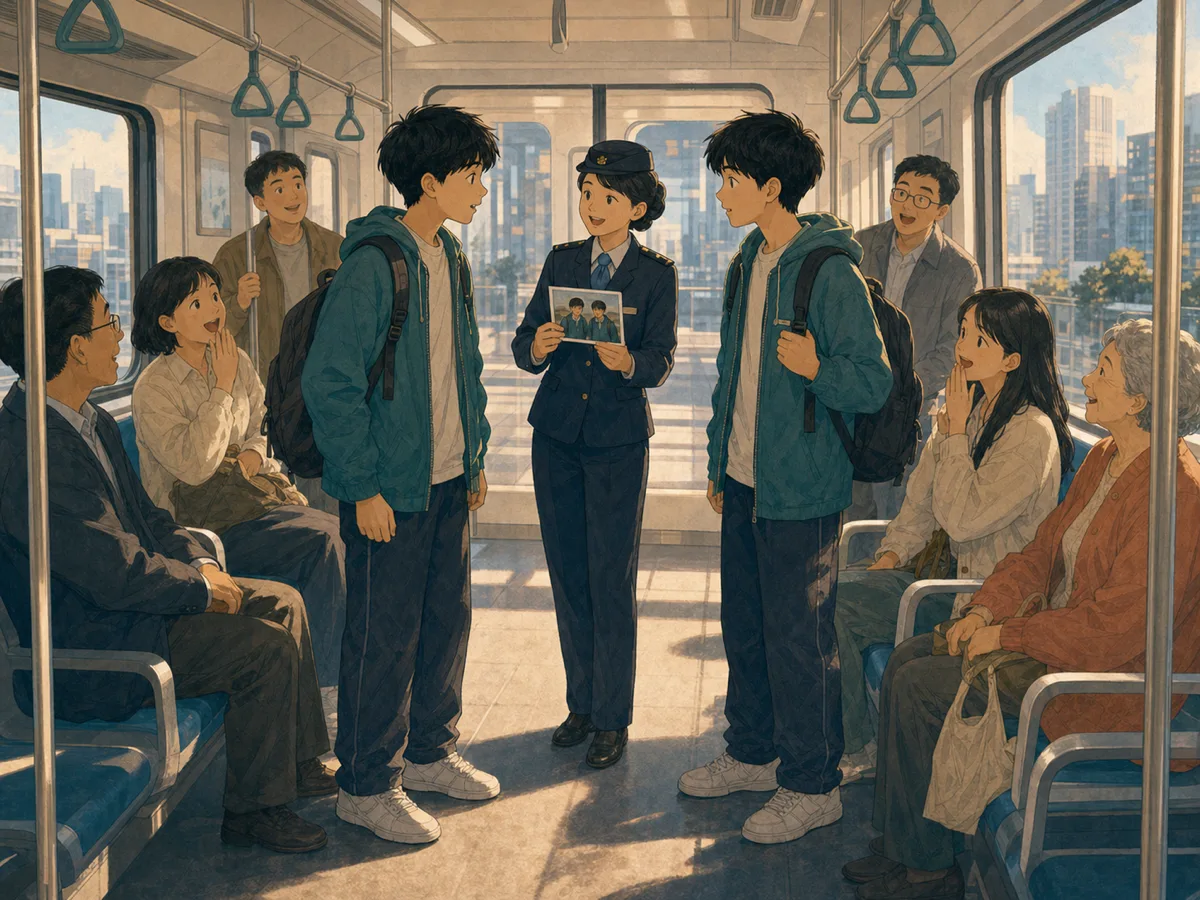 Two identical twins surprise a conductor and passengers when they meet inside a city train.