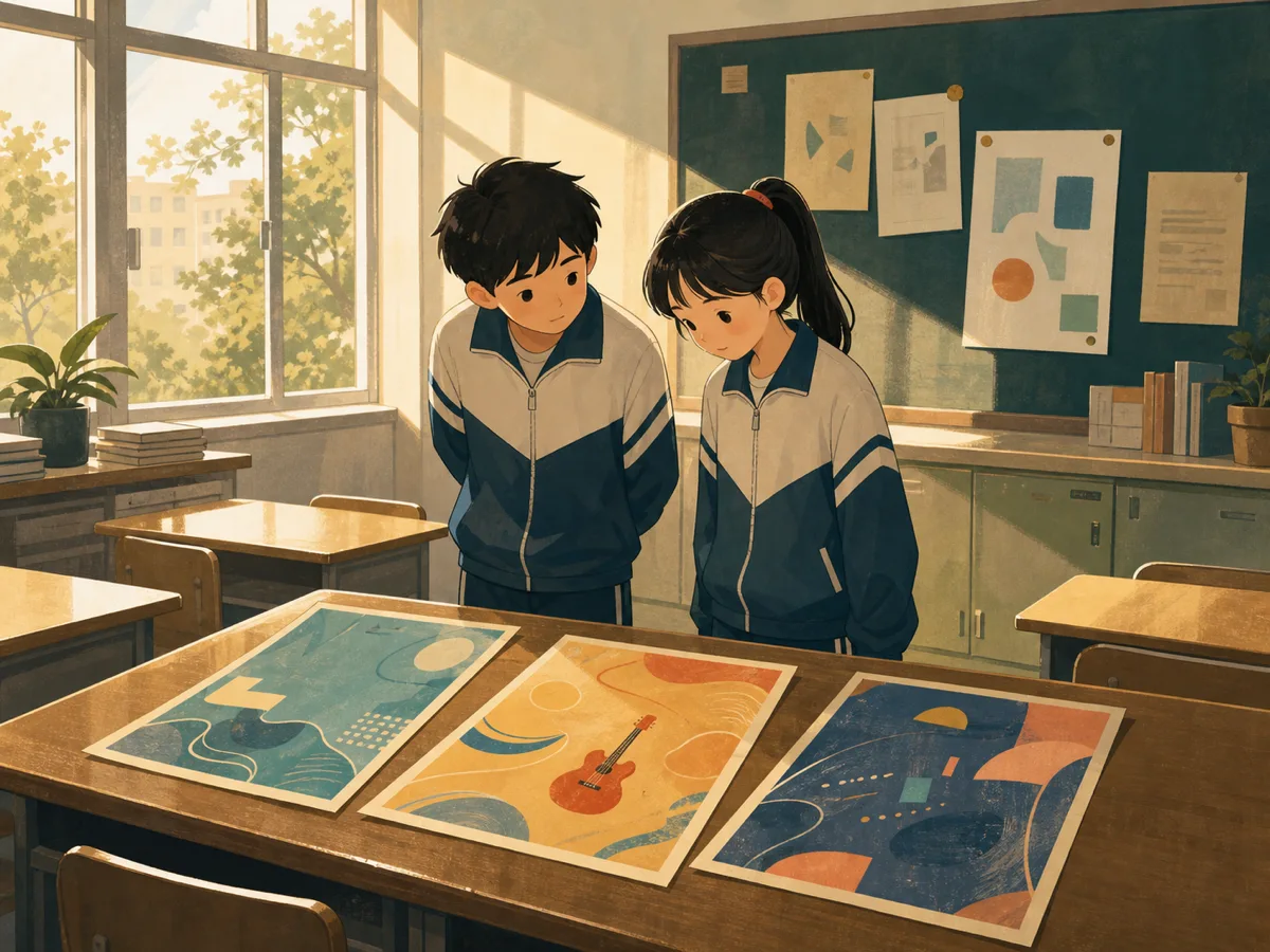 A student stands beside a classroom wall covered with colorful unnamed posters.