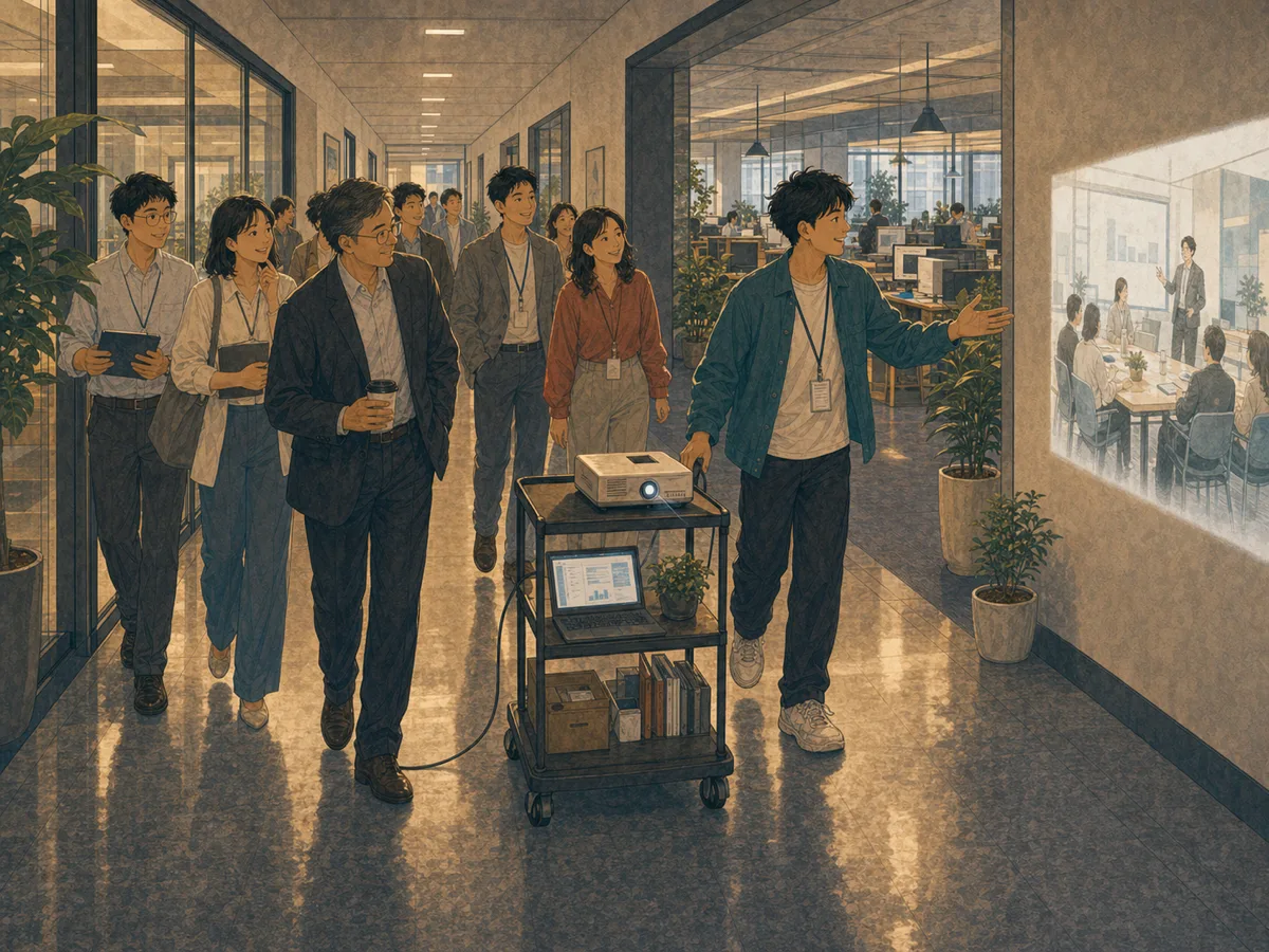 Office clients follow a rolling projector cart through a hallway during a moving presentation.