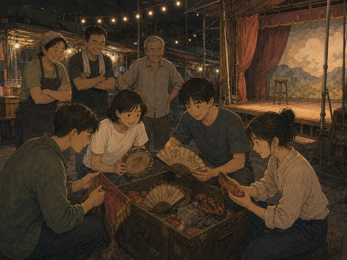 A night-market stage crew opens an old prop box filled with performance memories.