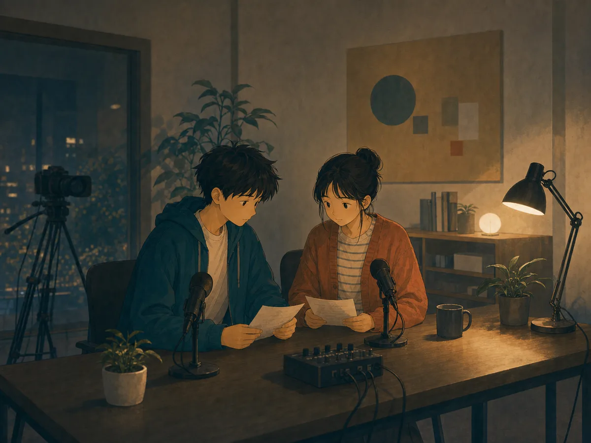 Two livestream teammates read real notes in a plain studio with the effects turned off.