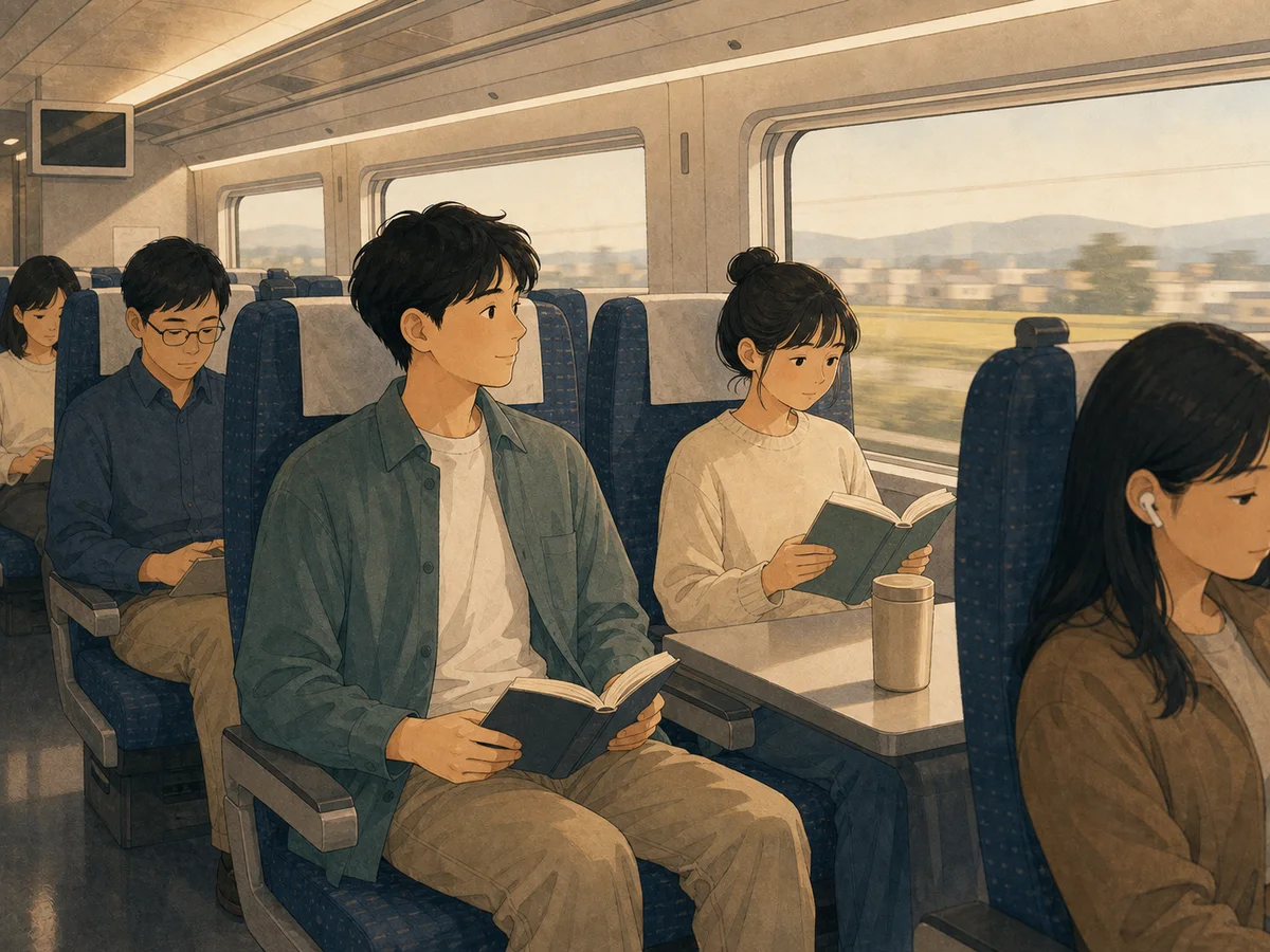 Illustration for The Quiet Train Car showing calm public etiquette in a train carriage.