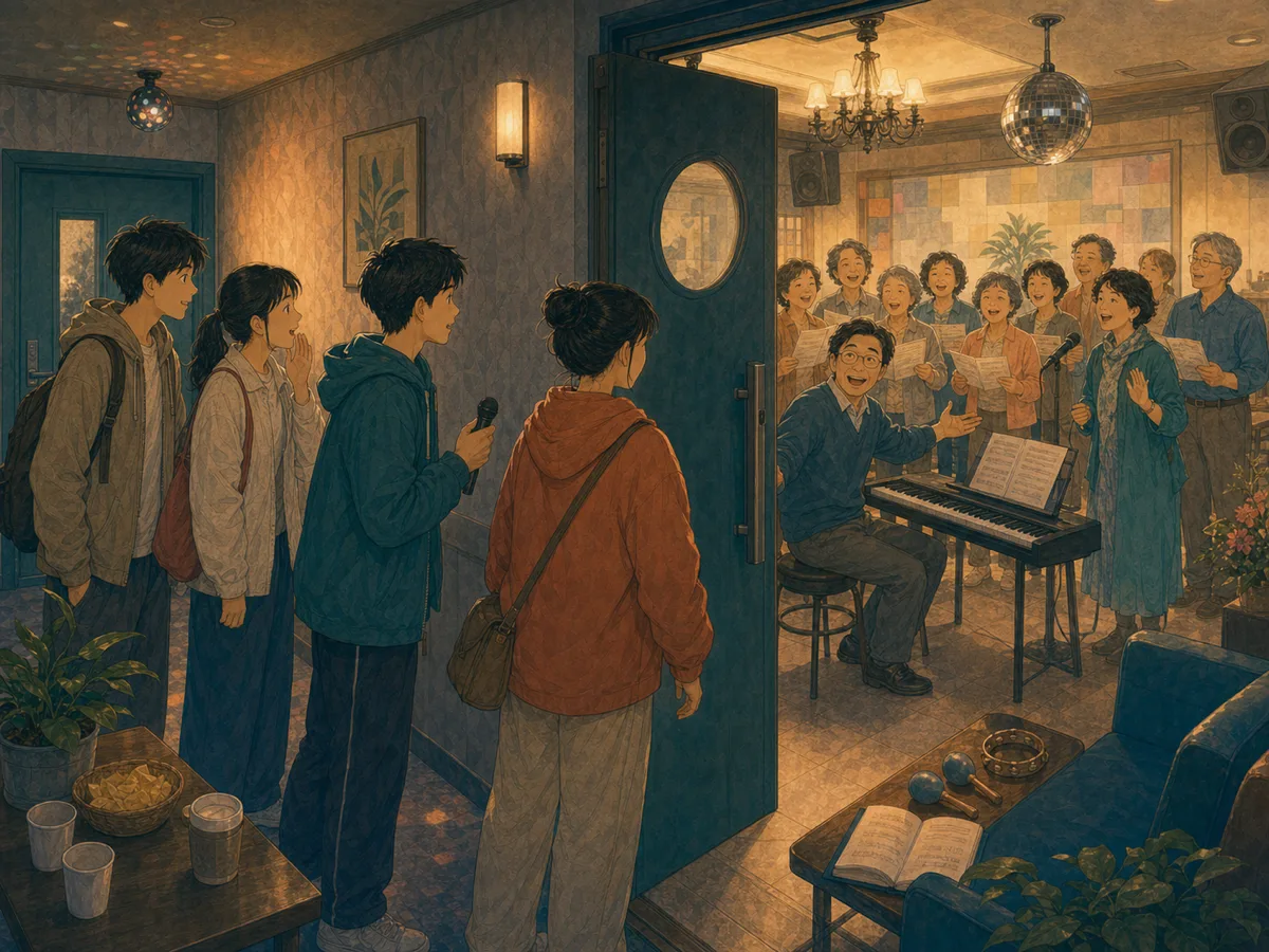 Friends discover a choir rehearsal beside their supposedly quiet KTV room.
