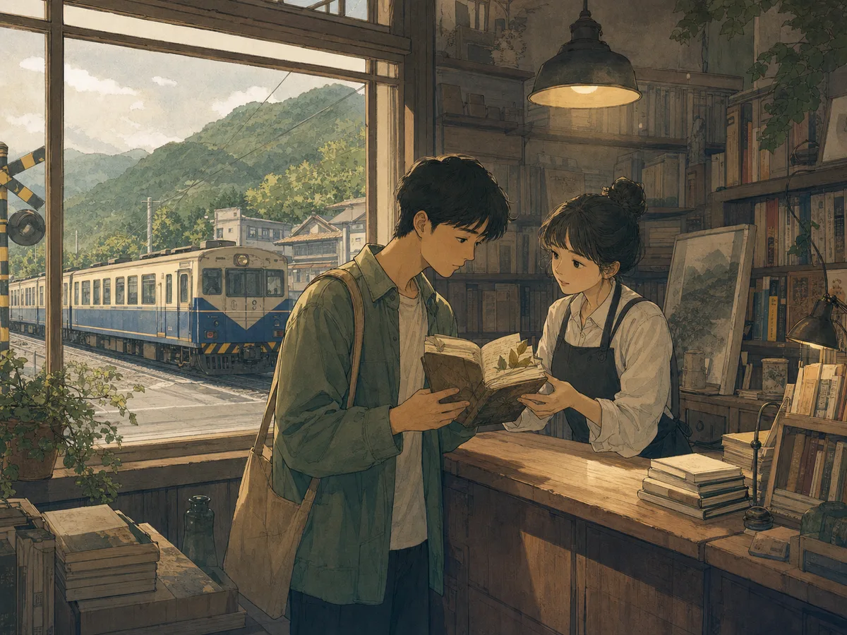 A bookseller and reader examine a travel diary while a train passes the bookshop window.