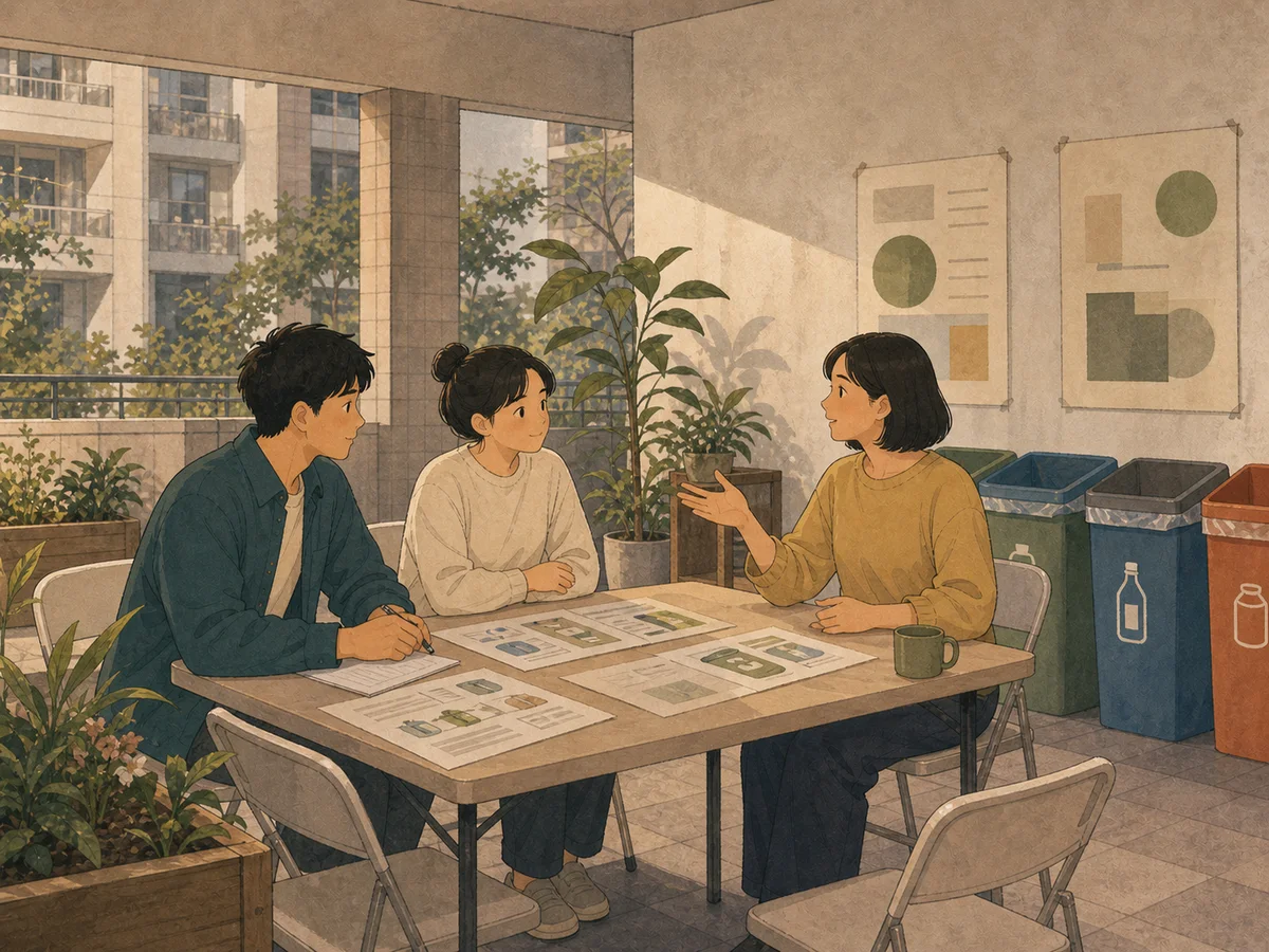 Illustration for The Recycling Meeting showing Taiwan neighbors discussing recycling.