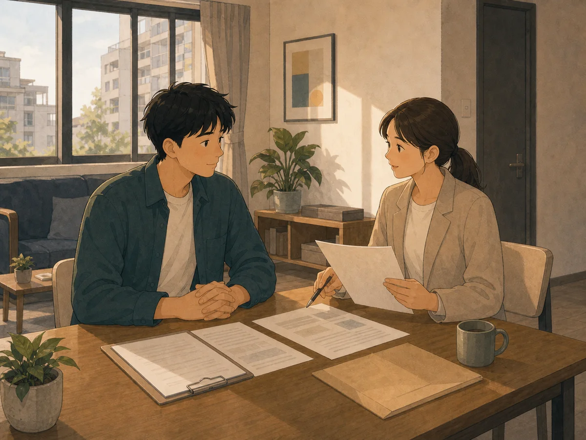 Illustration for The Rental Contract showing a Taiwan renter reviewing paperwork.