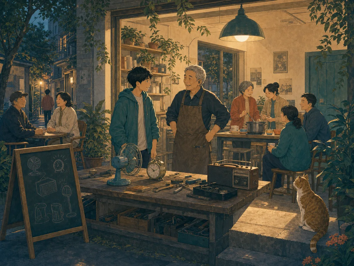 Neighbors cook and chat around a welcoming repair-club workshop with only a few broken objects.