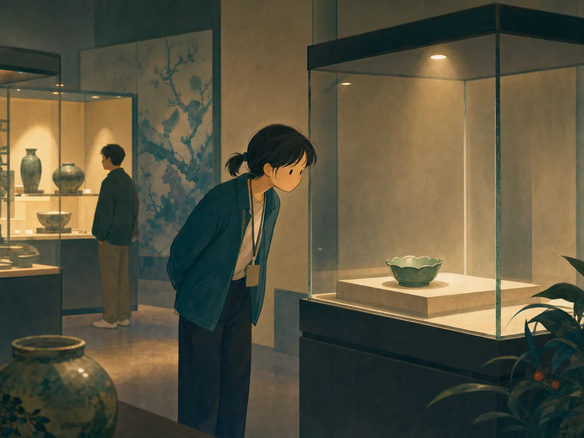 A museum intern studies a small bowl inside a softly lit display case.