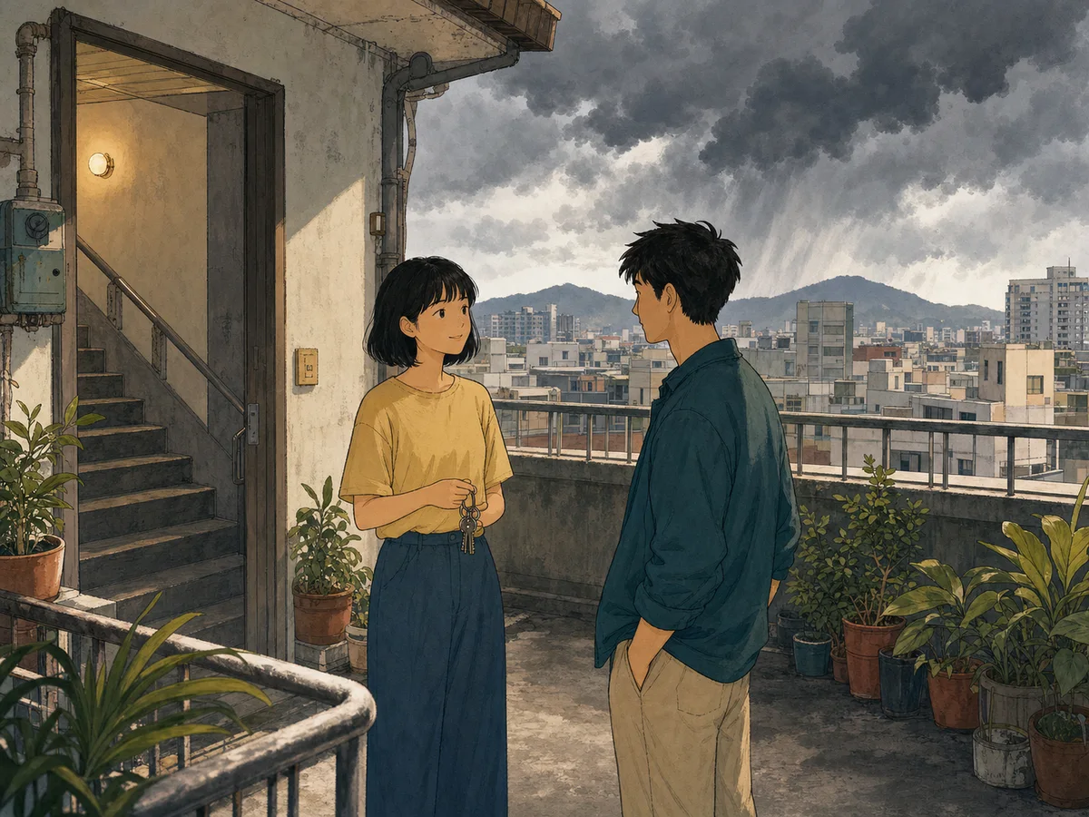 Illustration for The Rooftop Key showing Taiwan apartment neighbors coordinating before rain.