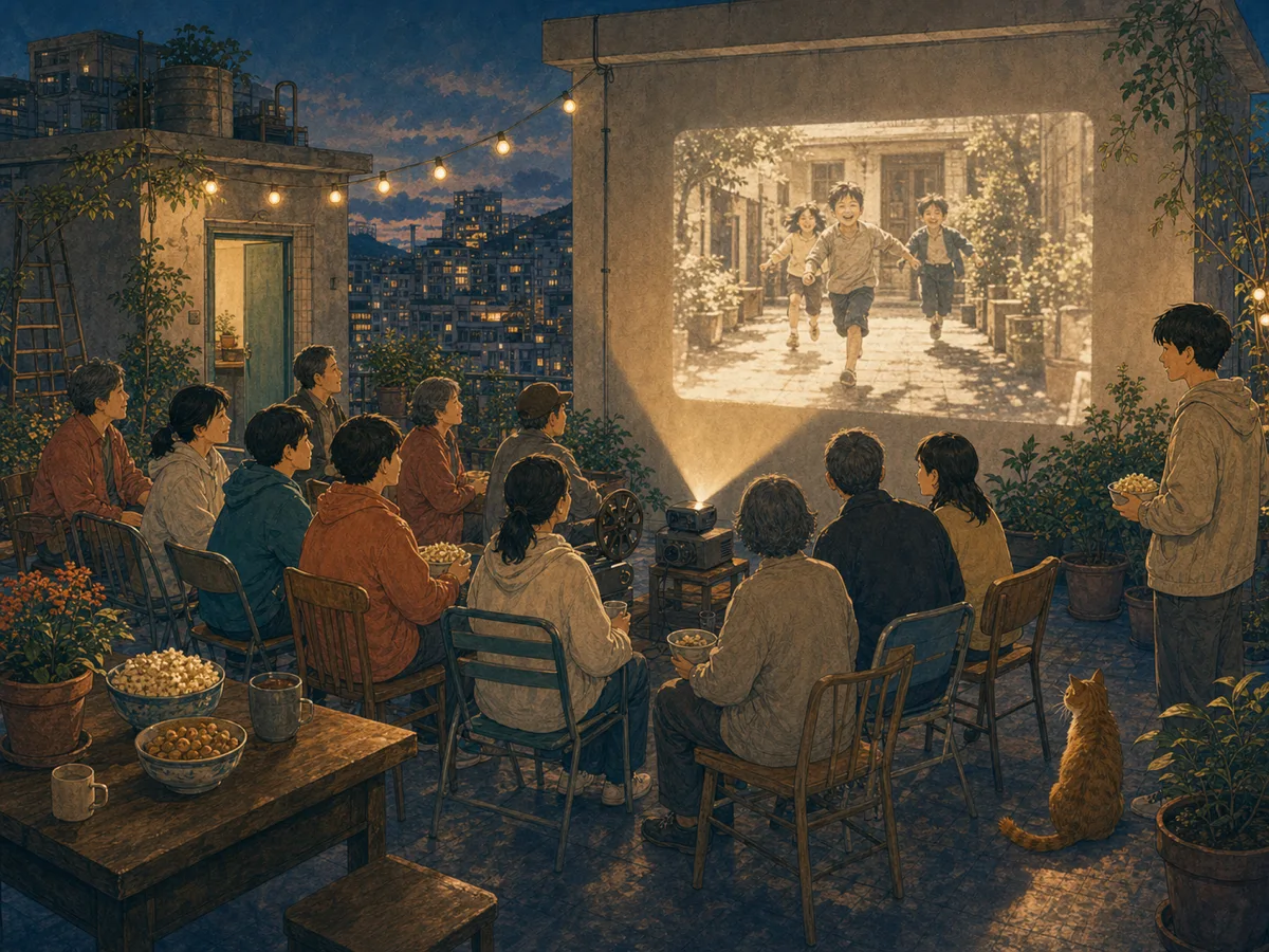 Apartment neighbors watch an accidental home-video archive during rooftop movie night.