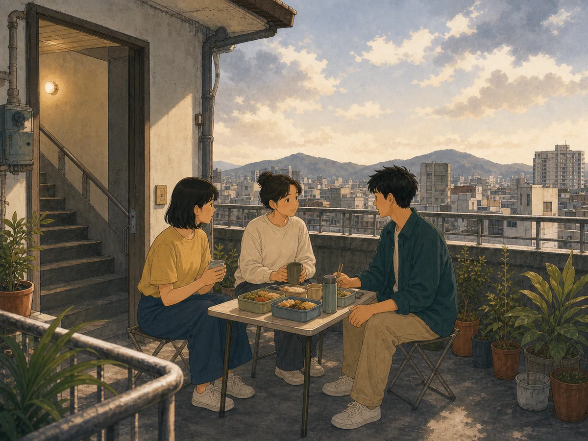 Illustration for The Rooftop Bento Party showing Taiwan neighbors sharing food on a rooftop.