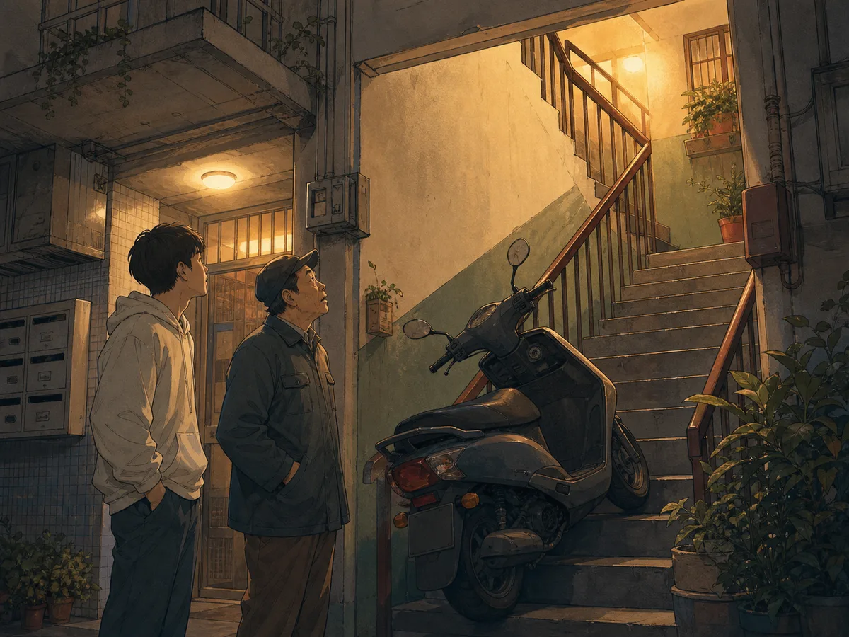 Neighbors look up a dim stairwell beside a scooter parked toward the stairs.