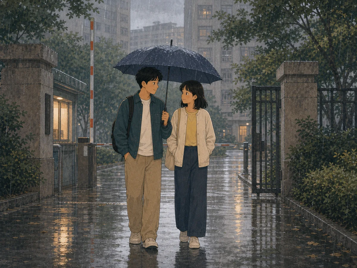 Illustration for The Shared Umbrella showing two people sharing an umbrella in light rain.