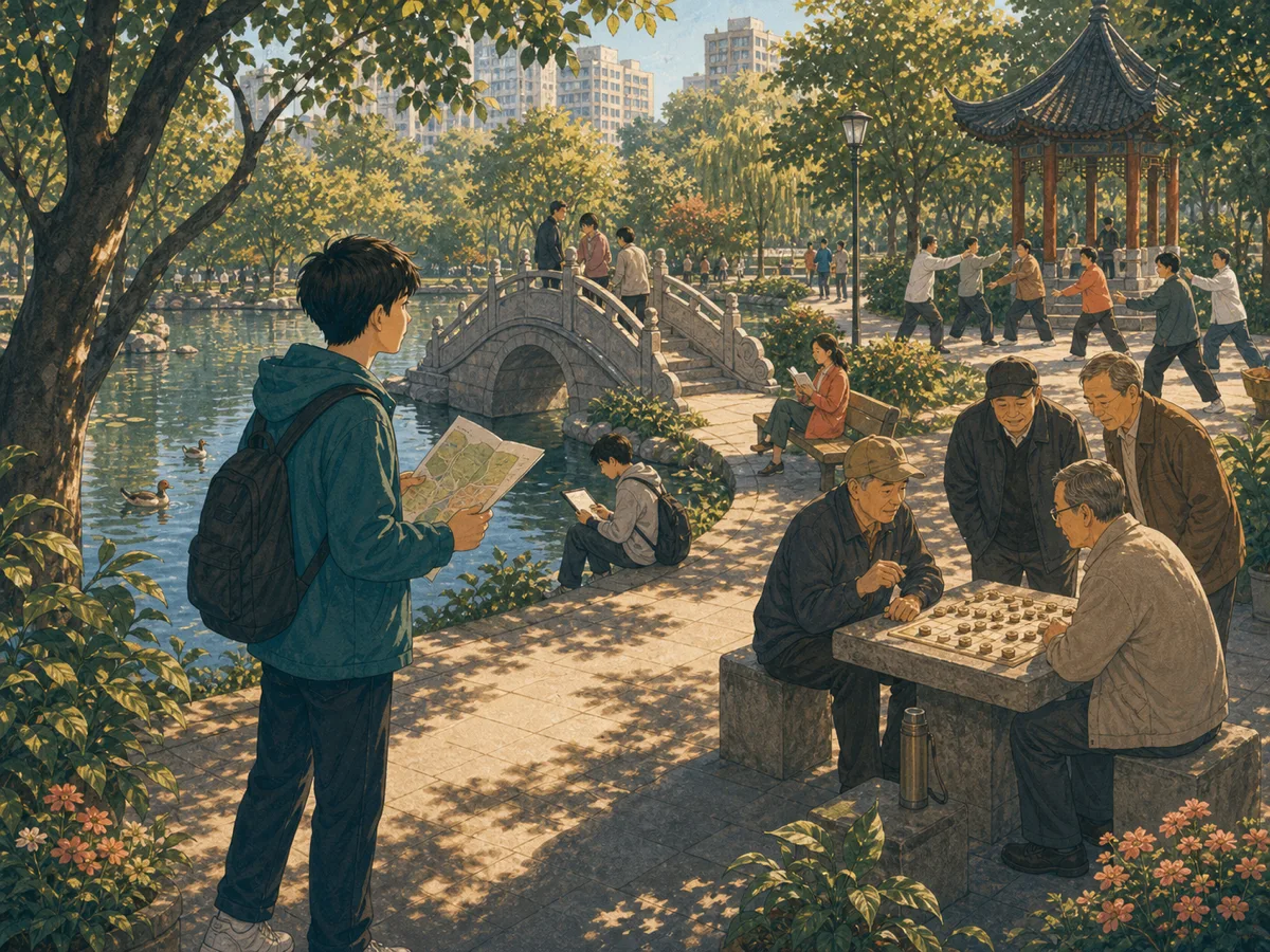 A student studies a map in a city park filled with a lake, bridge, and chess players.