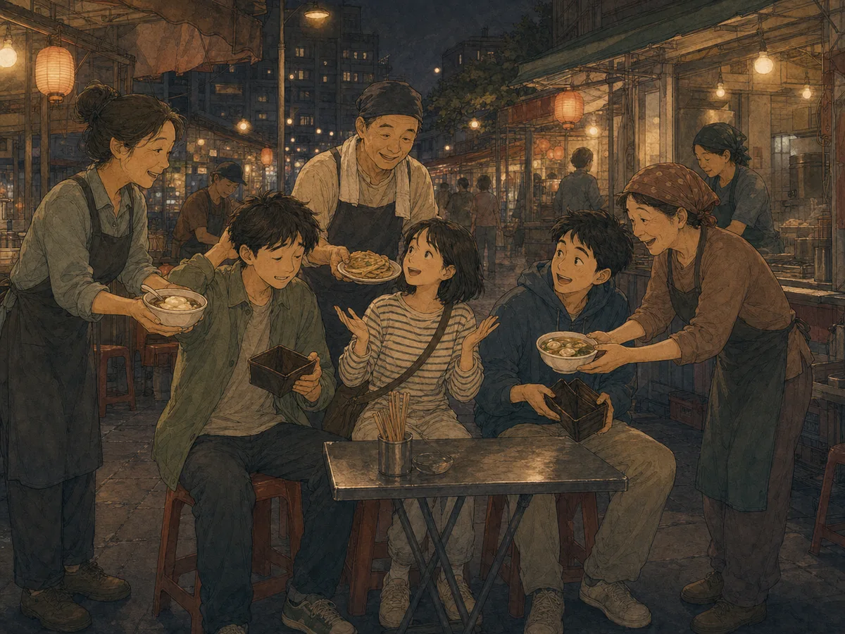 Taipei snack vendors share small tasting portions with three friends at an outdoor table.