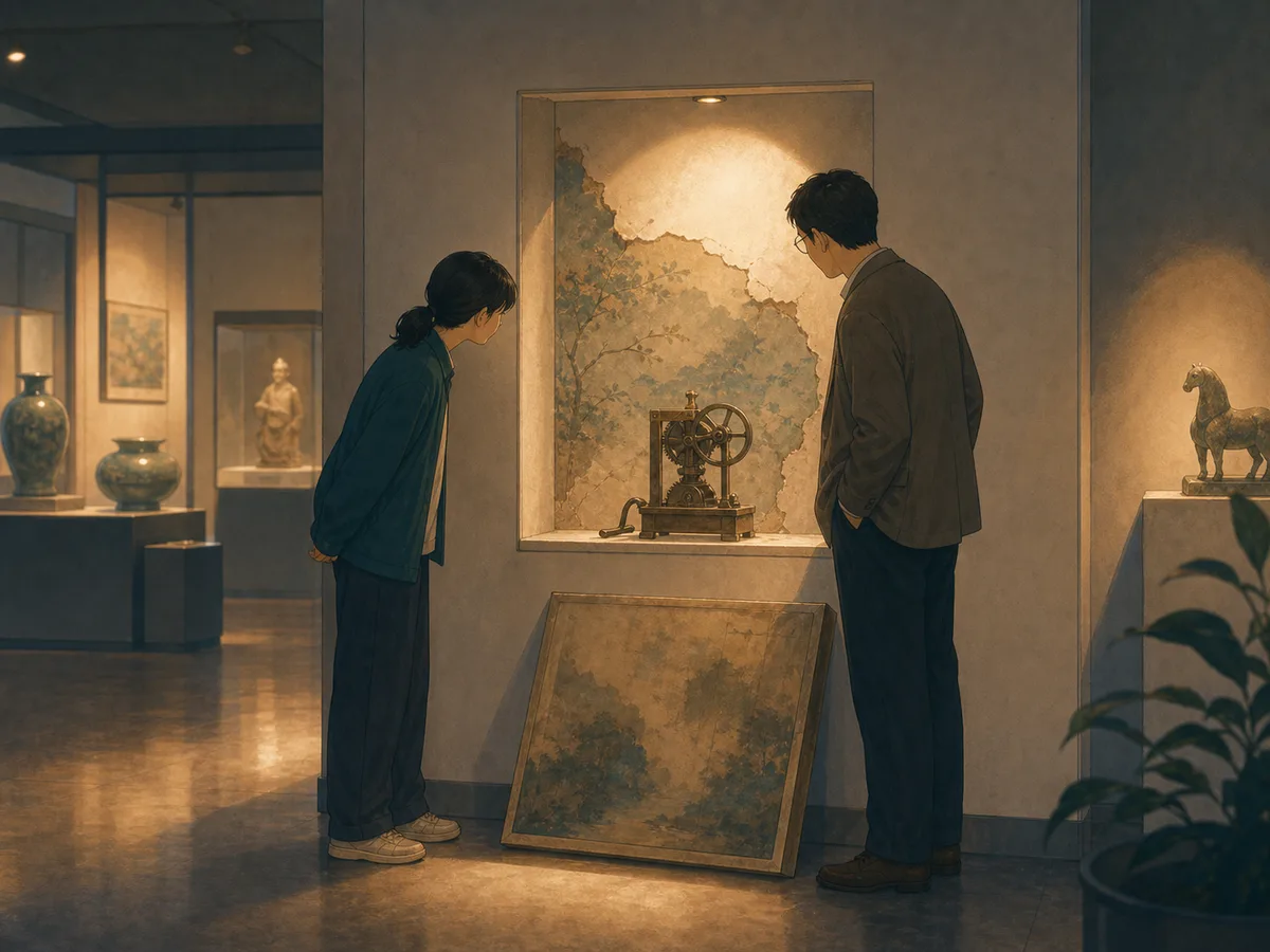 A museum intern and curator discover a small mechanical exhibit behind a painting.