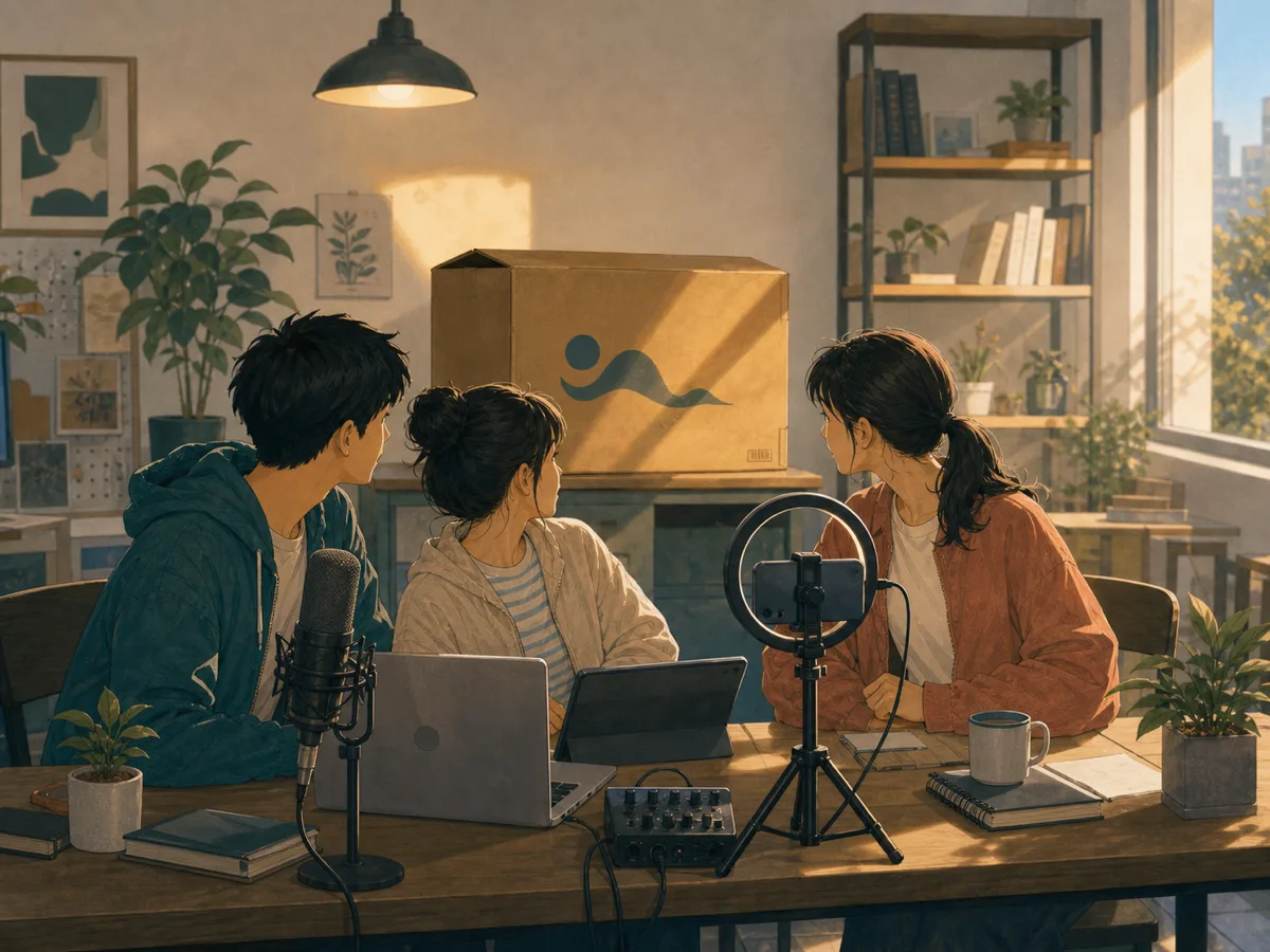 A student livestream team notices a large plain sponsor box sitting in the background.