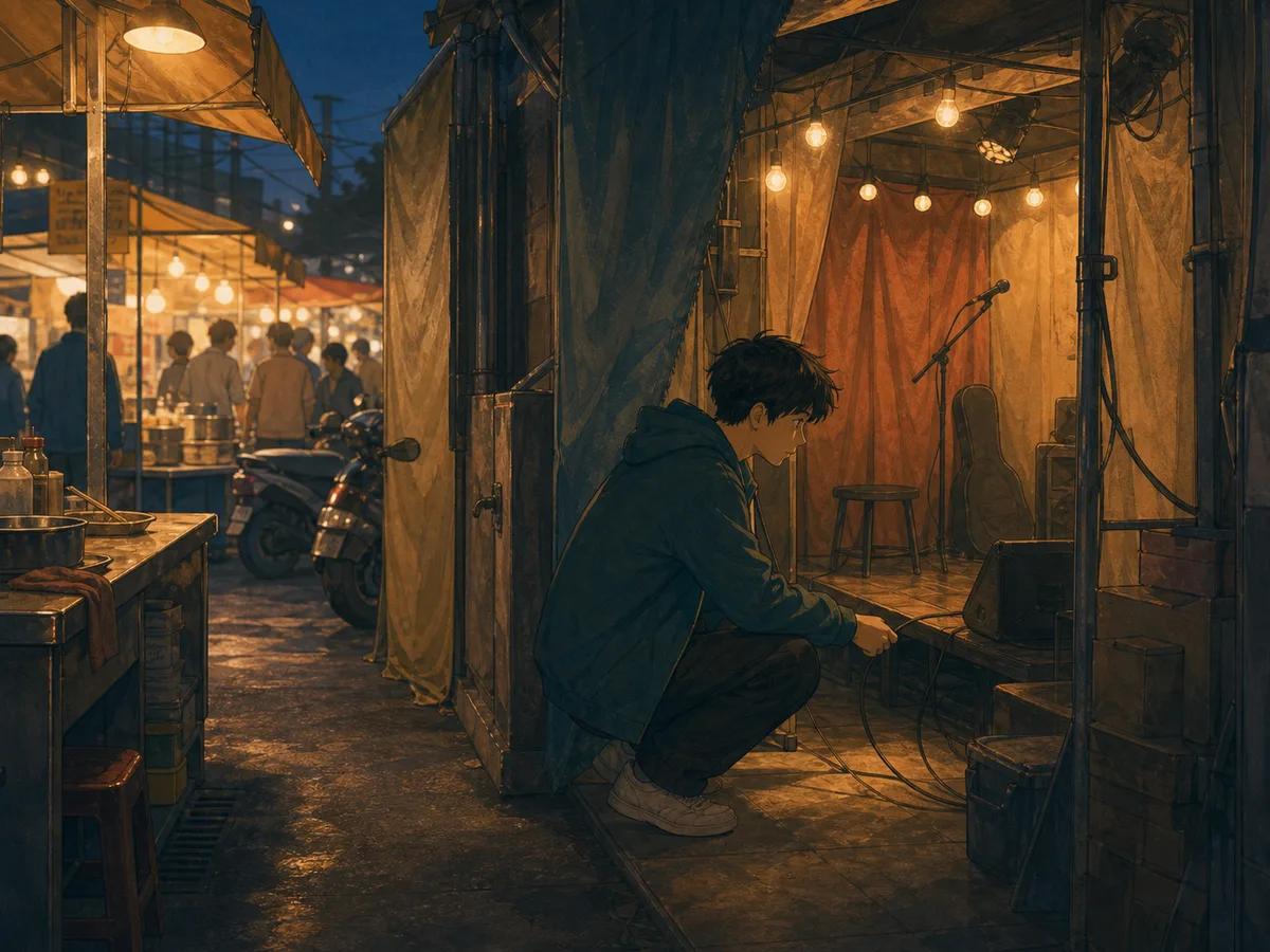 A young helper adjusts a cable on a tiny stage hidden behind a Taiwan night-market stall.