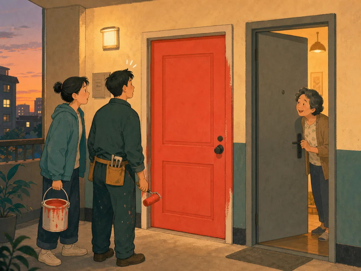 Surprised neighbors gather around a newly painted red courtyard door.