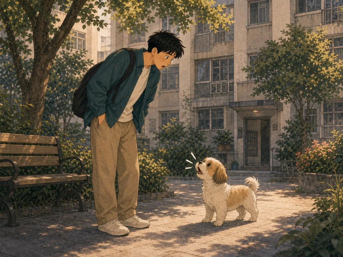 Illustration for The Talking Dog showing a learner surprised by a small neighborhood dog.