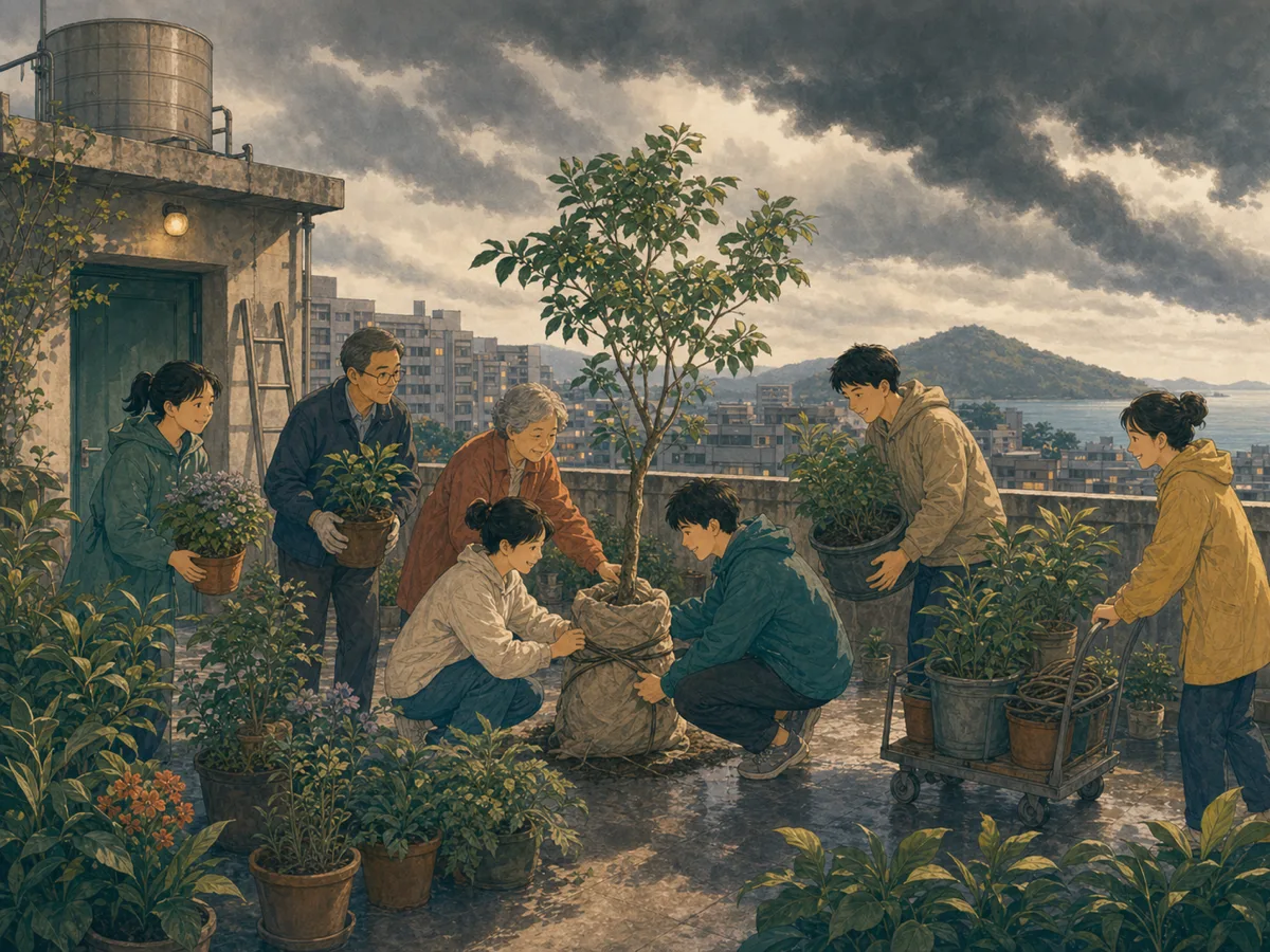 Rooftop neighbors protect an unclaimed potted tree as typhoon clouds approach.