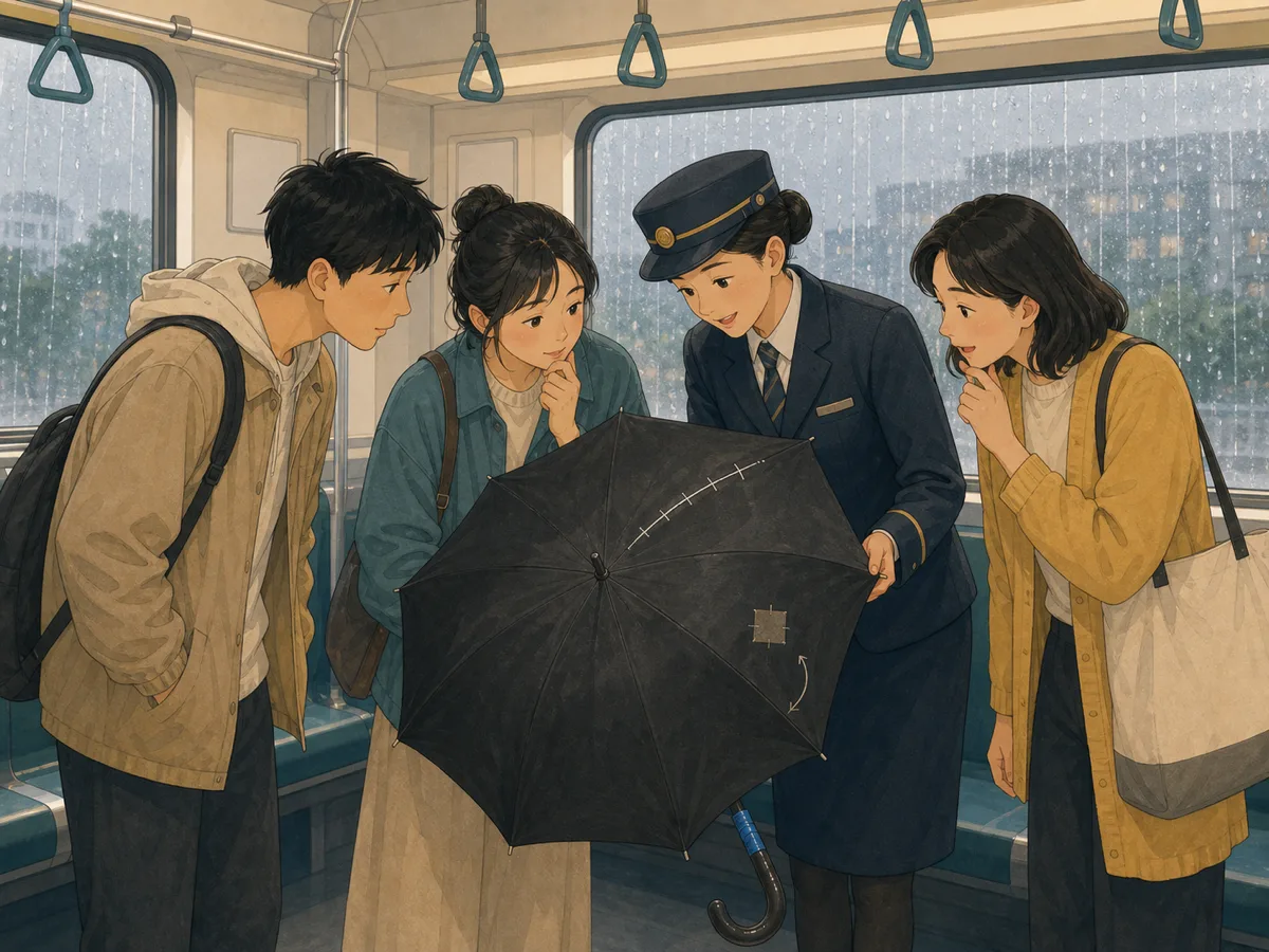 A female train conductor returns a yellow umbrella to its smiling owner.